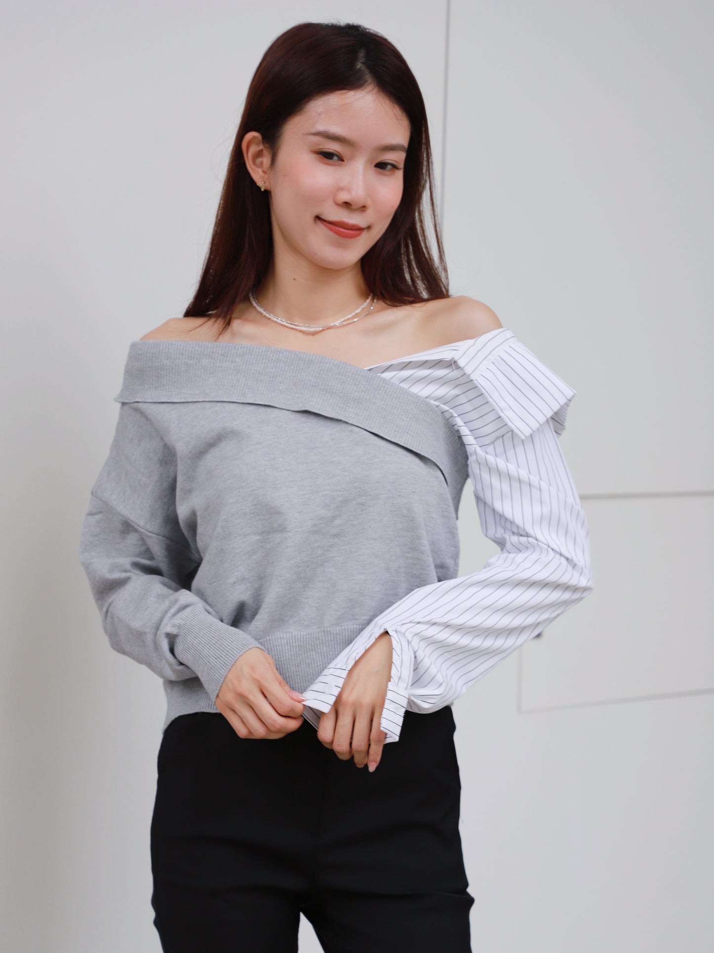 Half Knitted Striped Long Sleeves Shirt