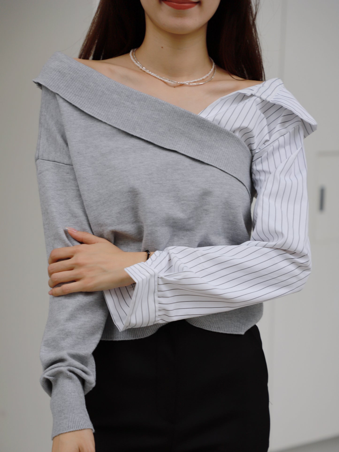 Half Knitted Striped Long Sleeves Shirt