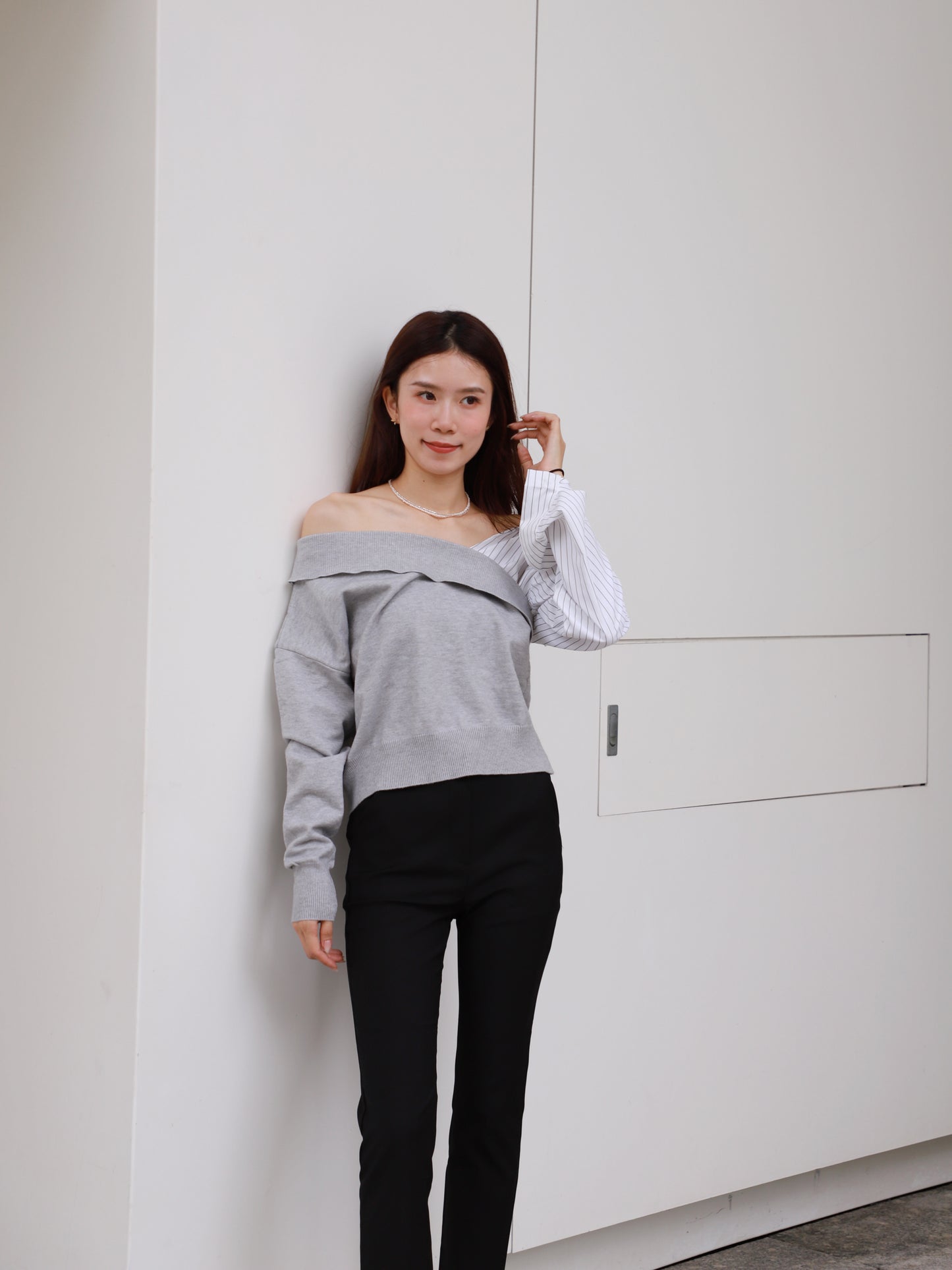 Half Knitted Striped Long Sleeves Shirt