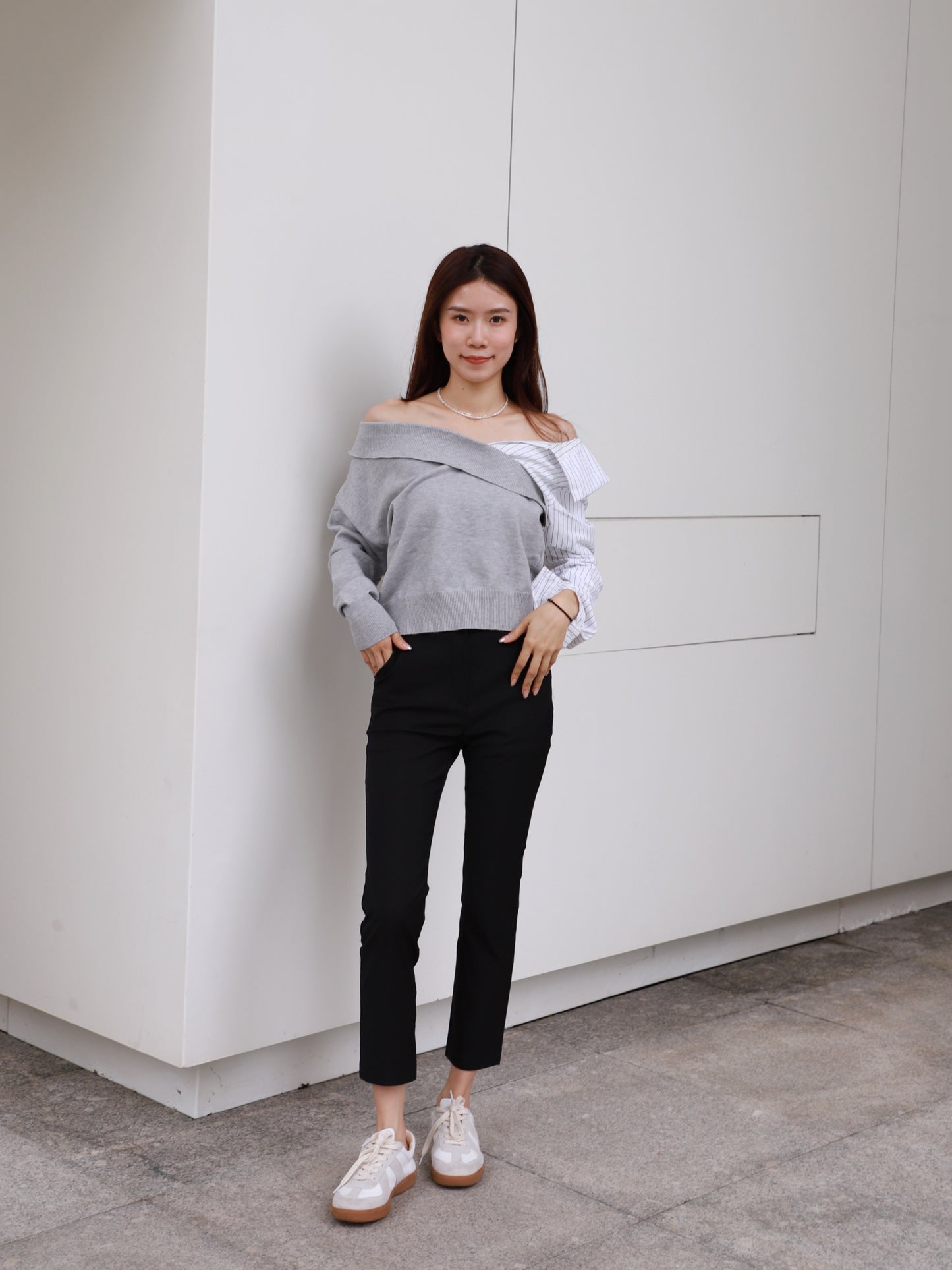 Half Knitted Striped Long Sleeves Shirt