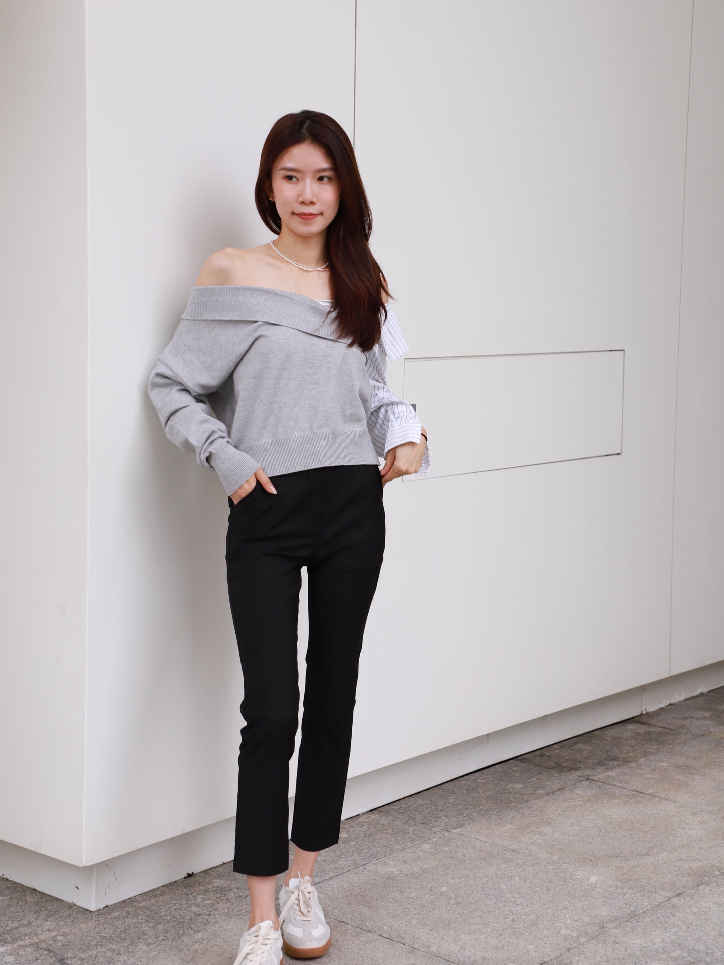 Half Knitted Striped Long Sleeves Shirt