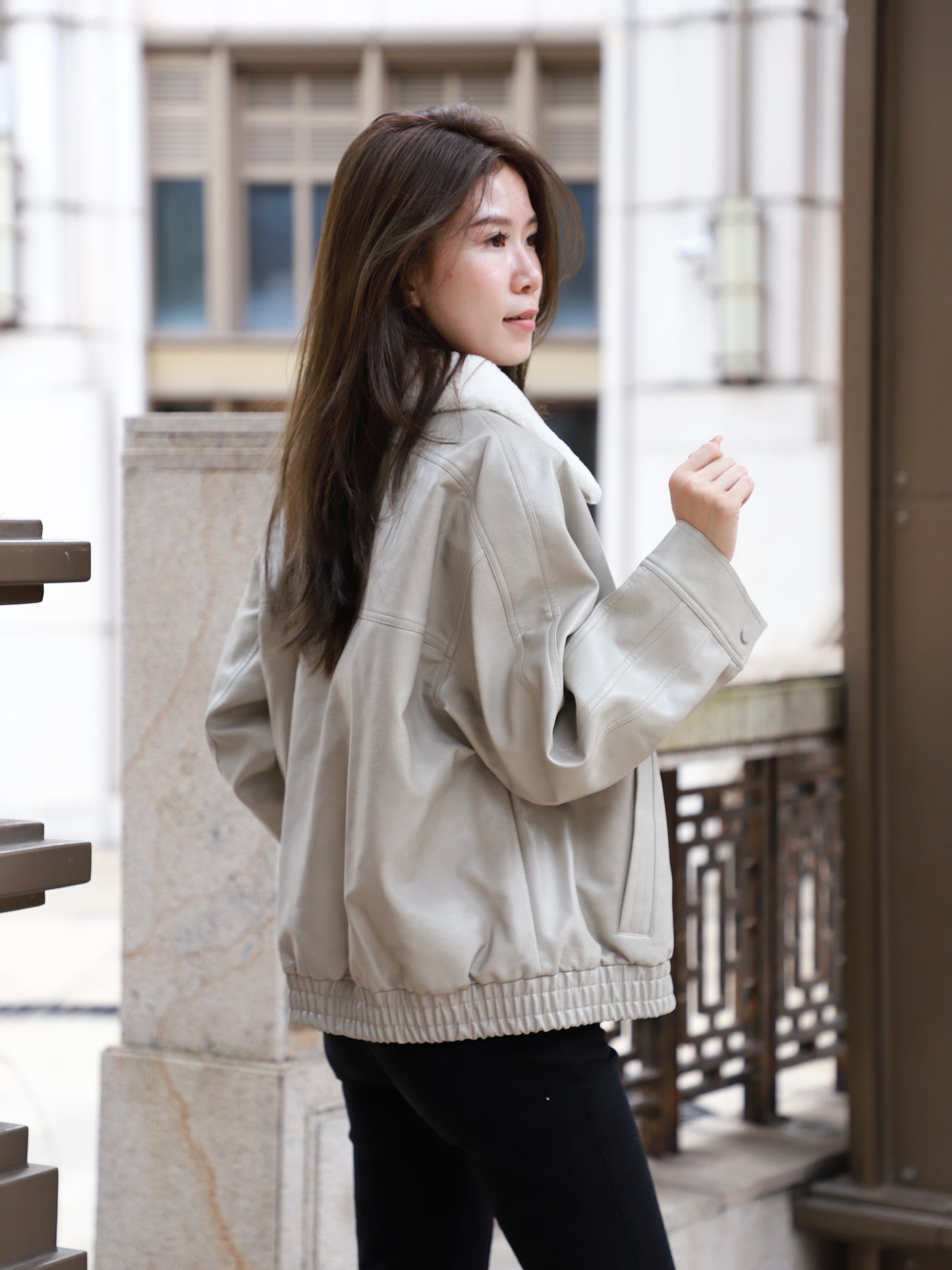 Fluffy Collar Neck Leather Jacket