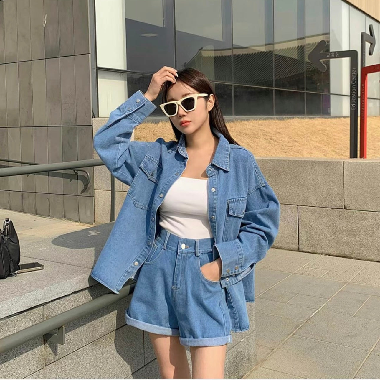 Basic Denim Shirt & Shorts Set