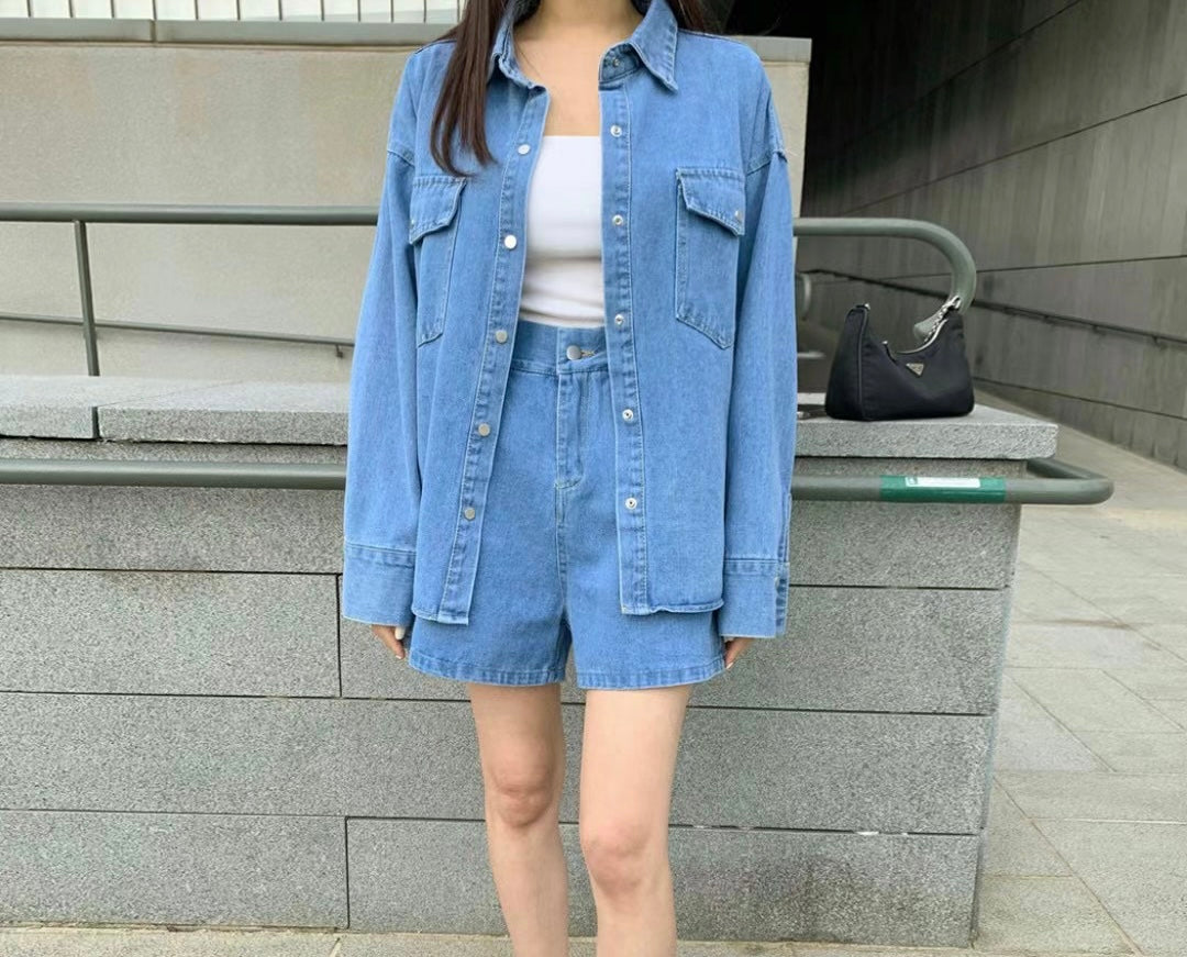 Basic Denim Shirt & Shorts Set
