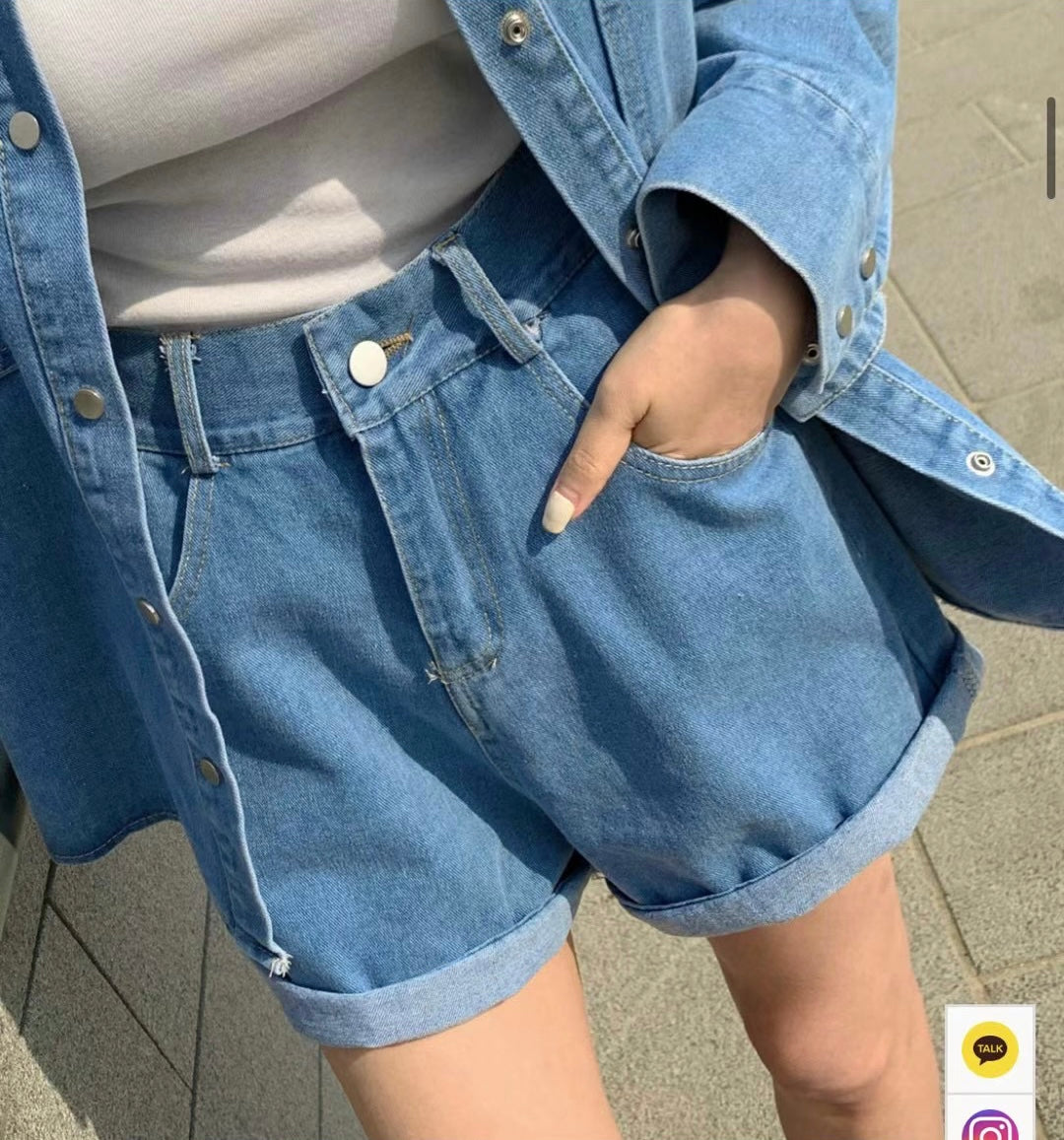 Basic Denim Shirt & Shorts Set