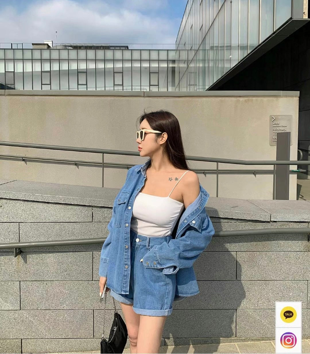 Basic Denim Shirt & Shorts Set