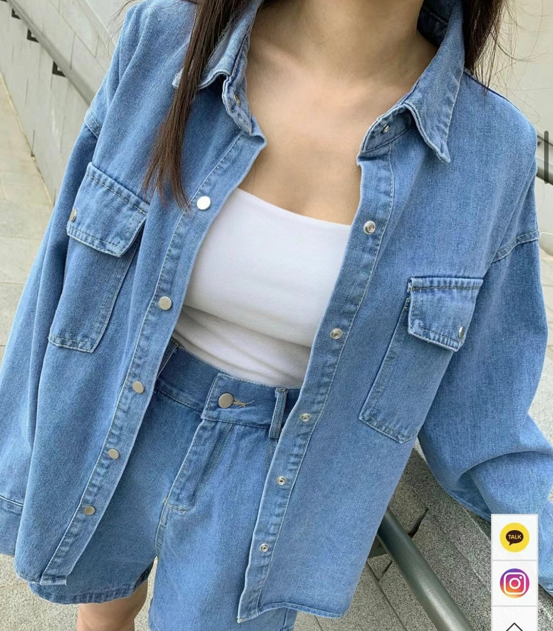 Basic Denim Shirt & Shorts Set