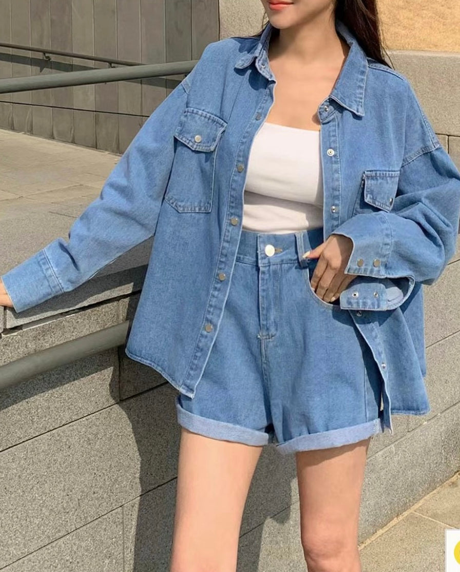 Basic Denim Shirt & Shorts Set