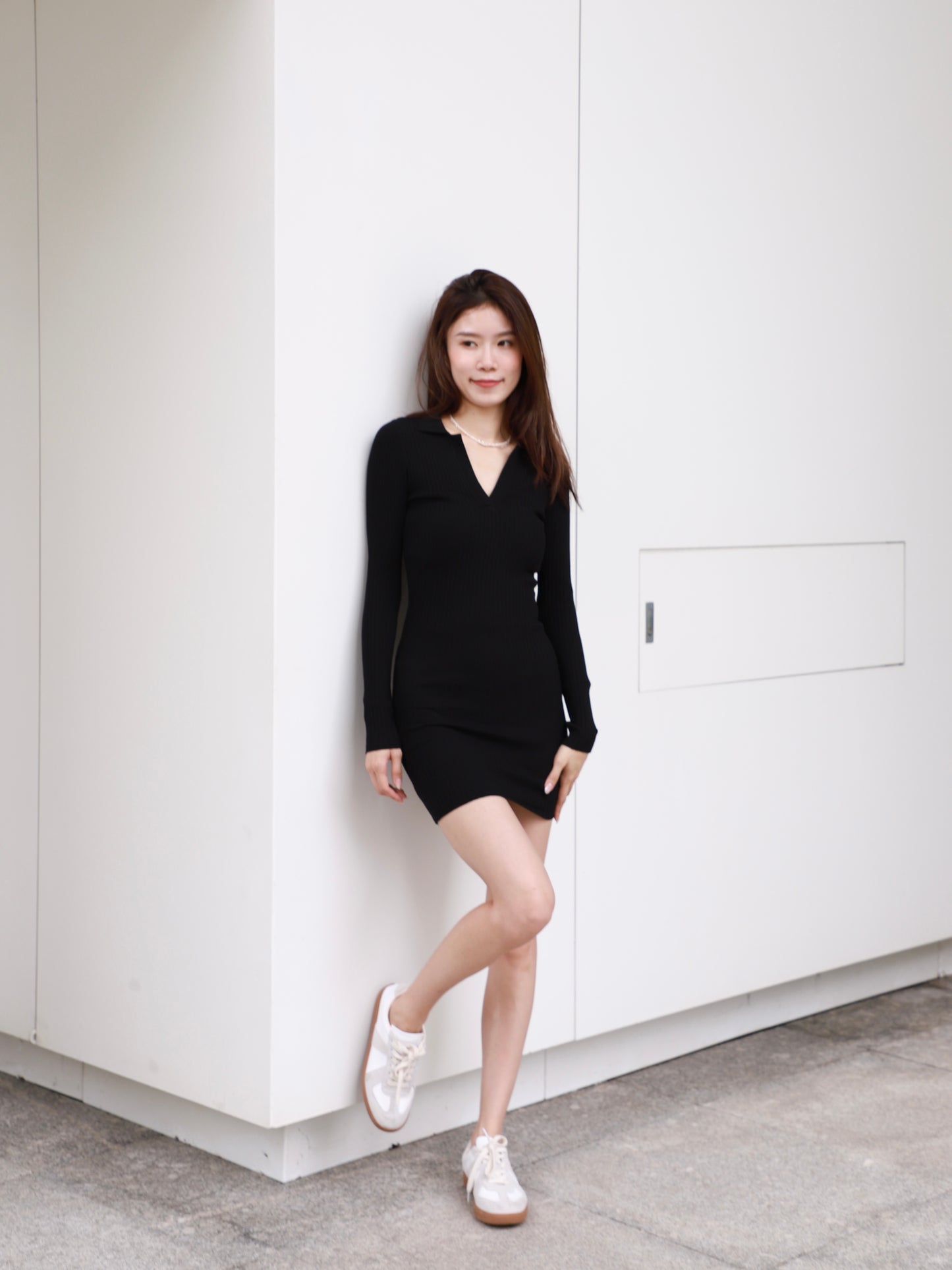 V Collar Neck Long Sleeves Mini Dress