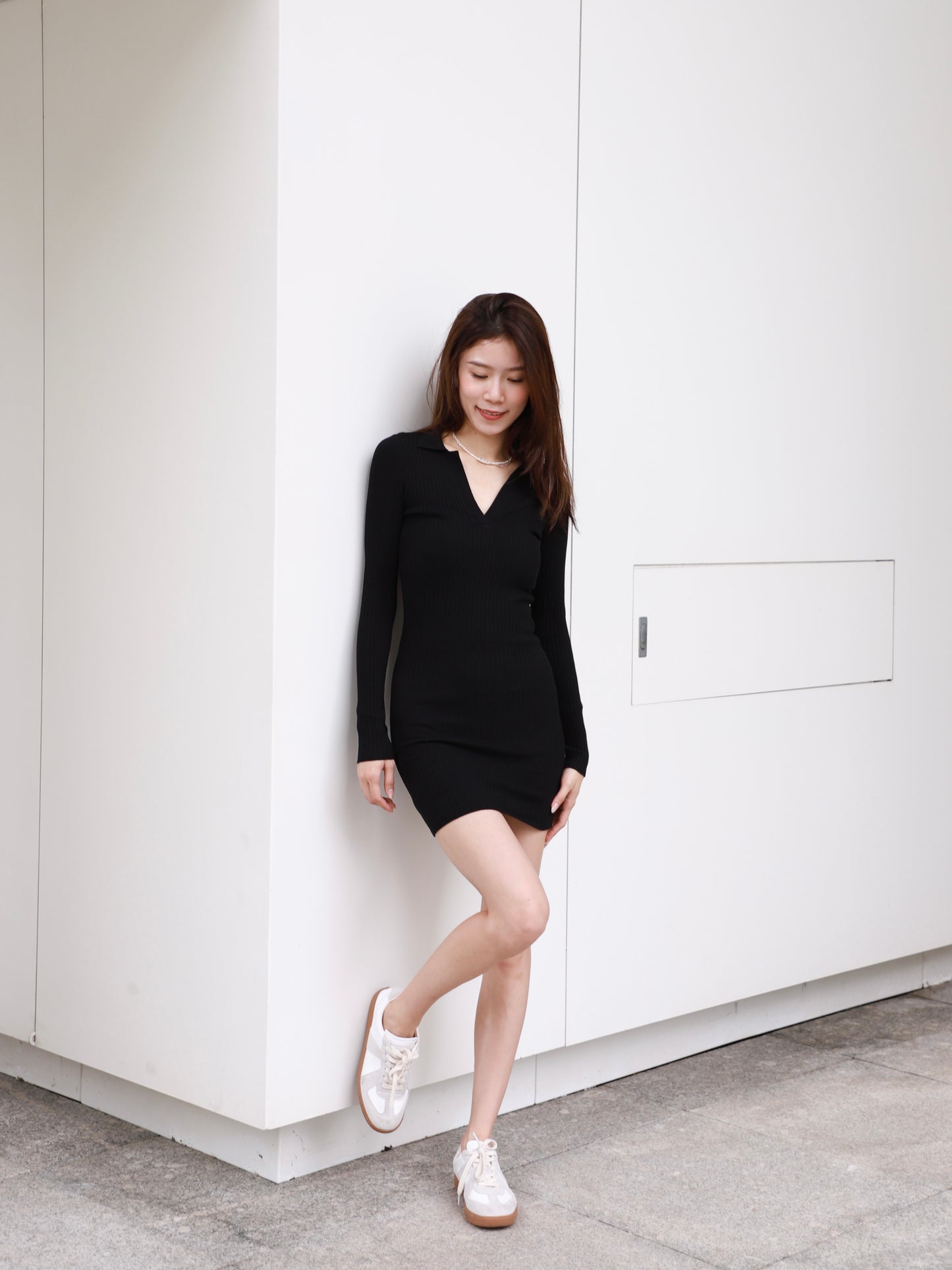 V Collar Neck Long Sleeves Mini Dress