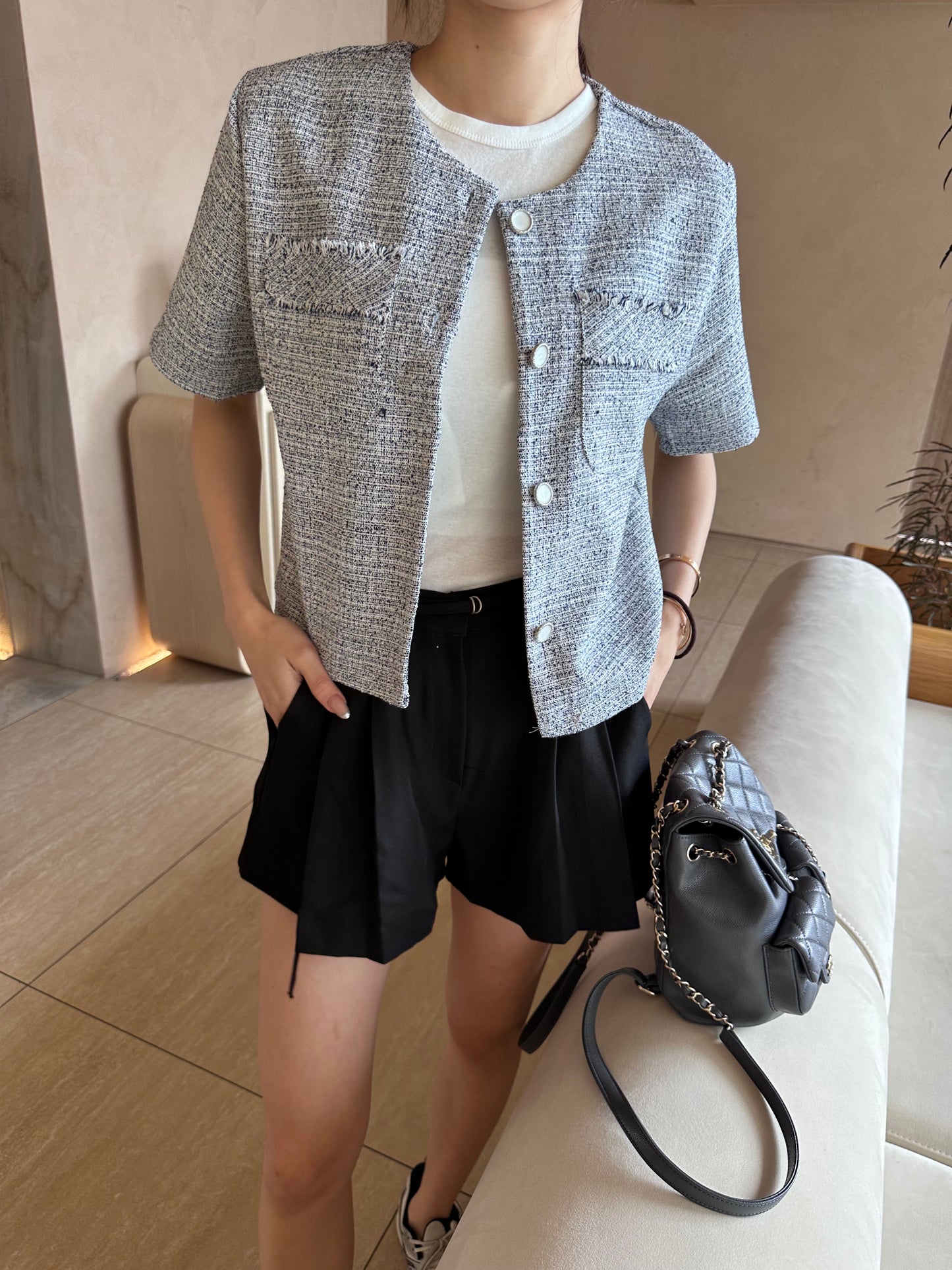 Blue Tweed Cropped Jacket