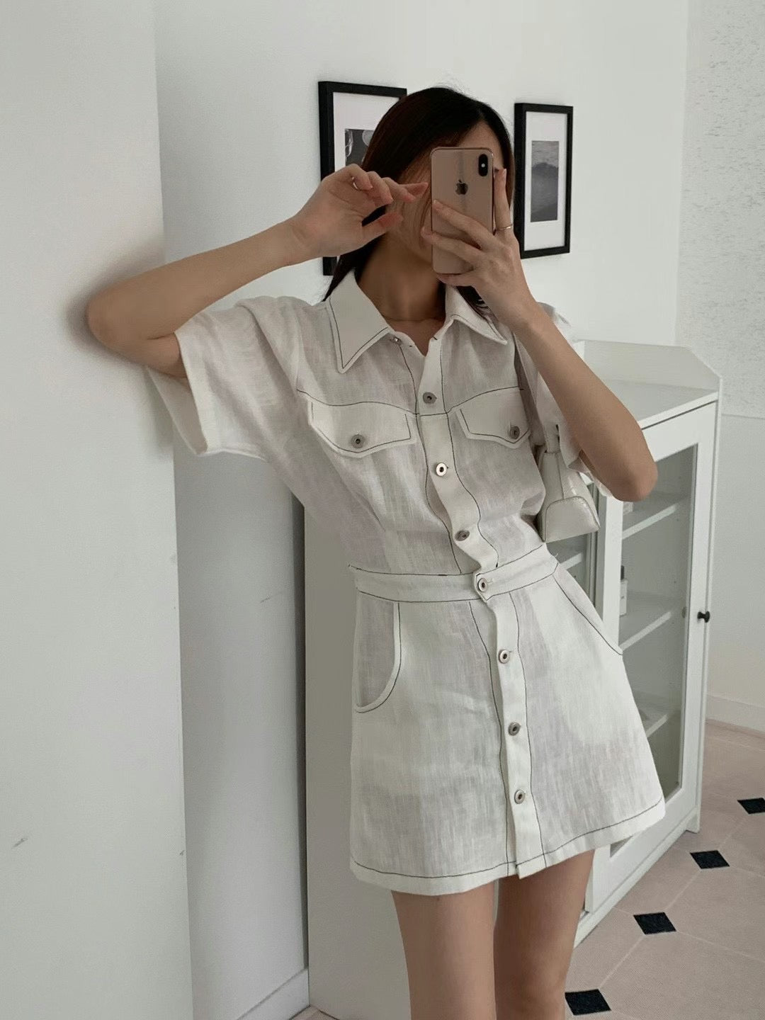 Outline Linen Button Up Mini Dress