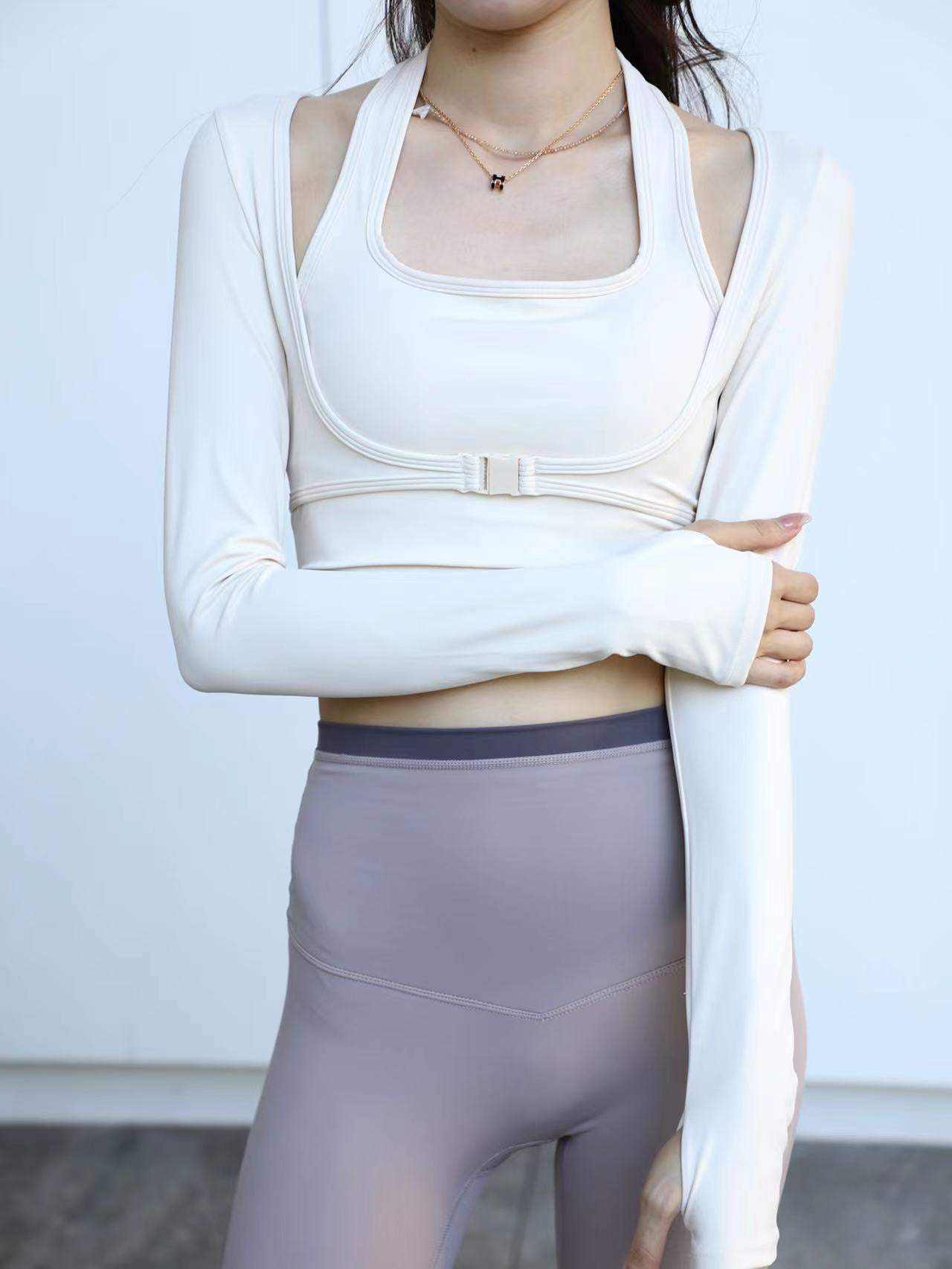 Cross Neck & Button up Long Sleeves Sports Bra