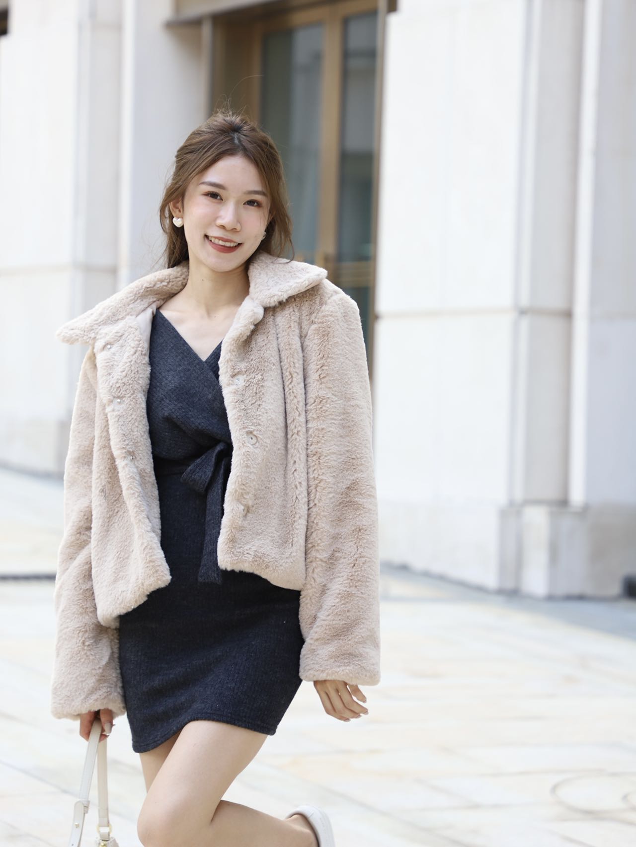 Knitted V neck Tie Waist Mini Dress