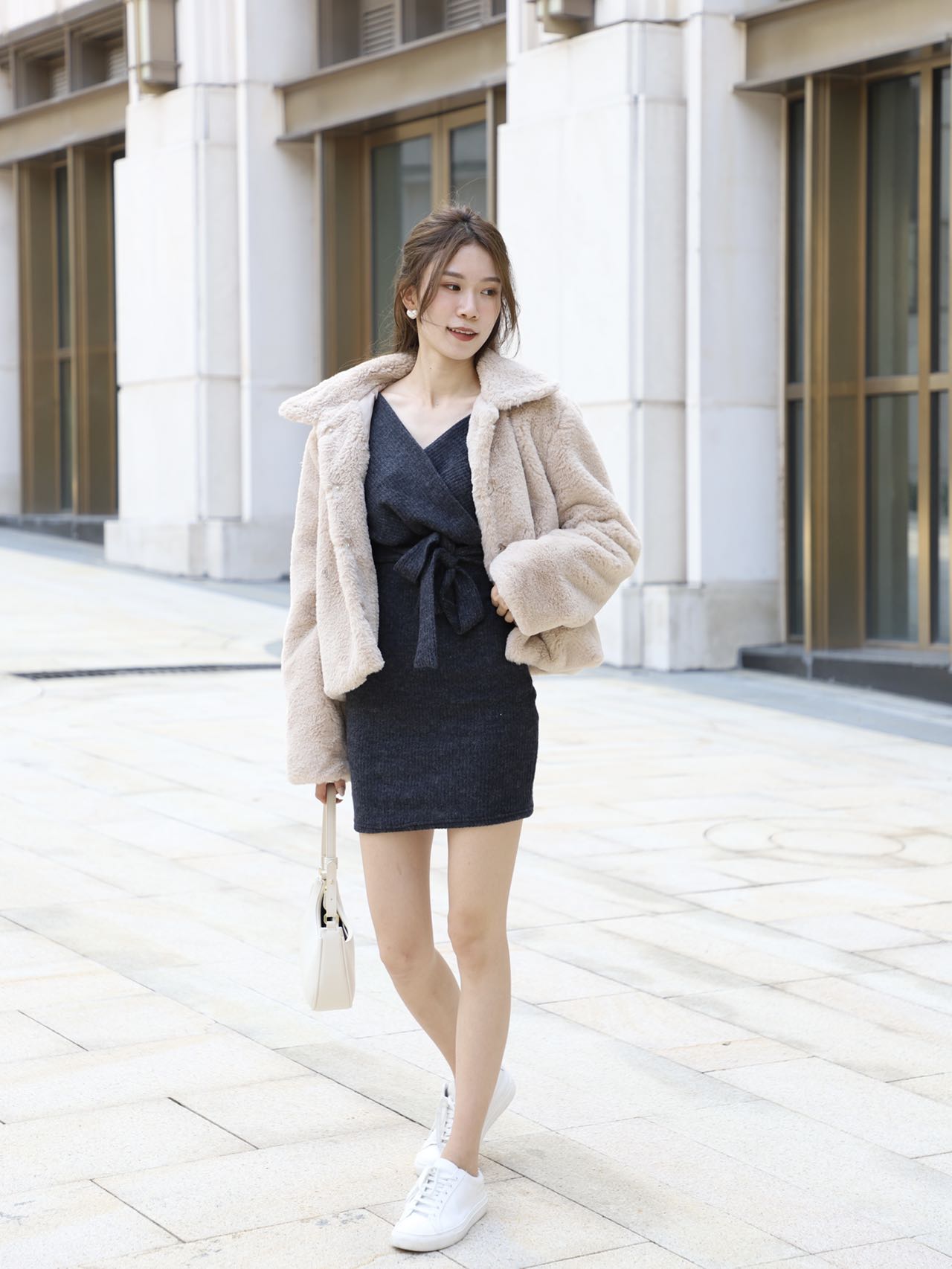 Knitted V neck Tie Waist Mini Dress