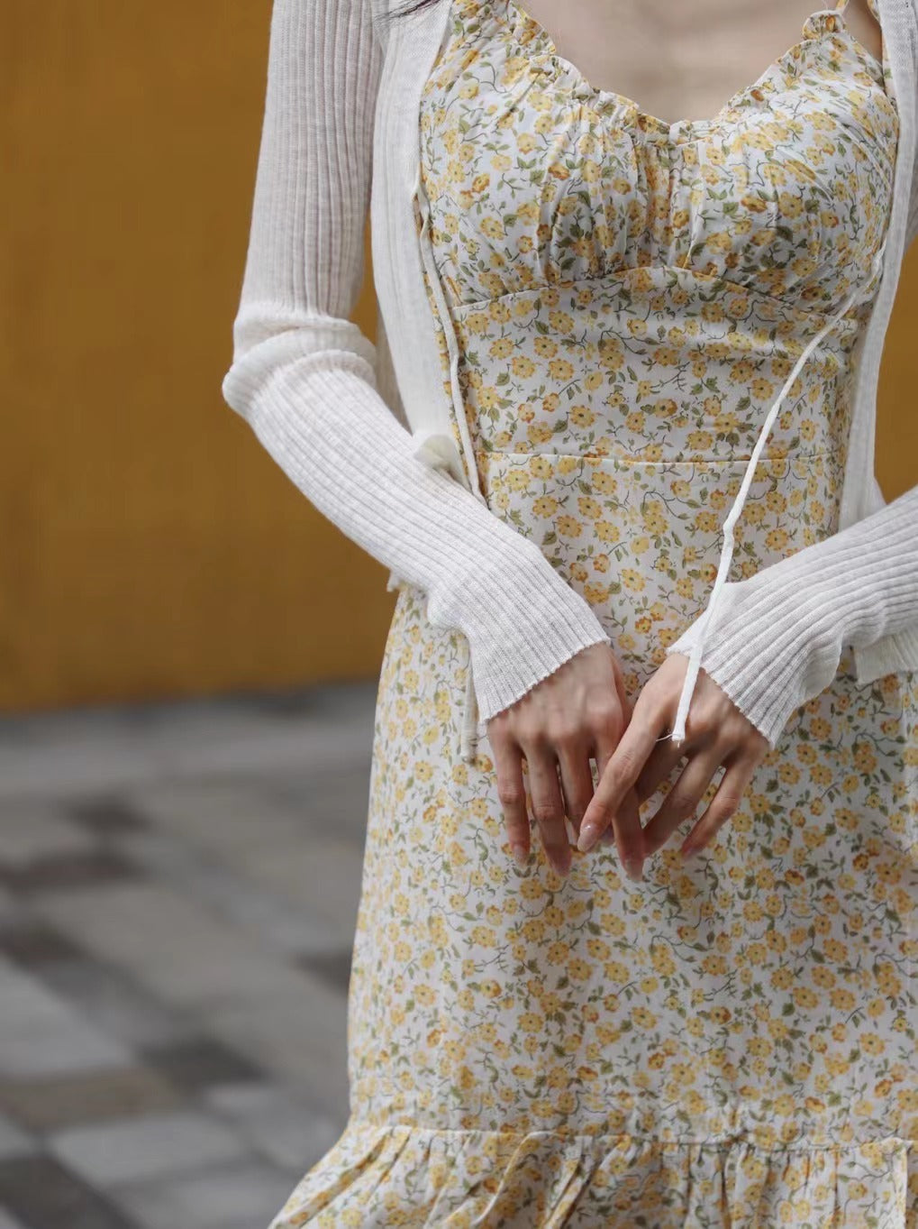 Yellow Tie Shoulder Floral Mini Dress