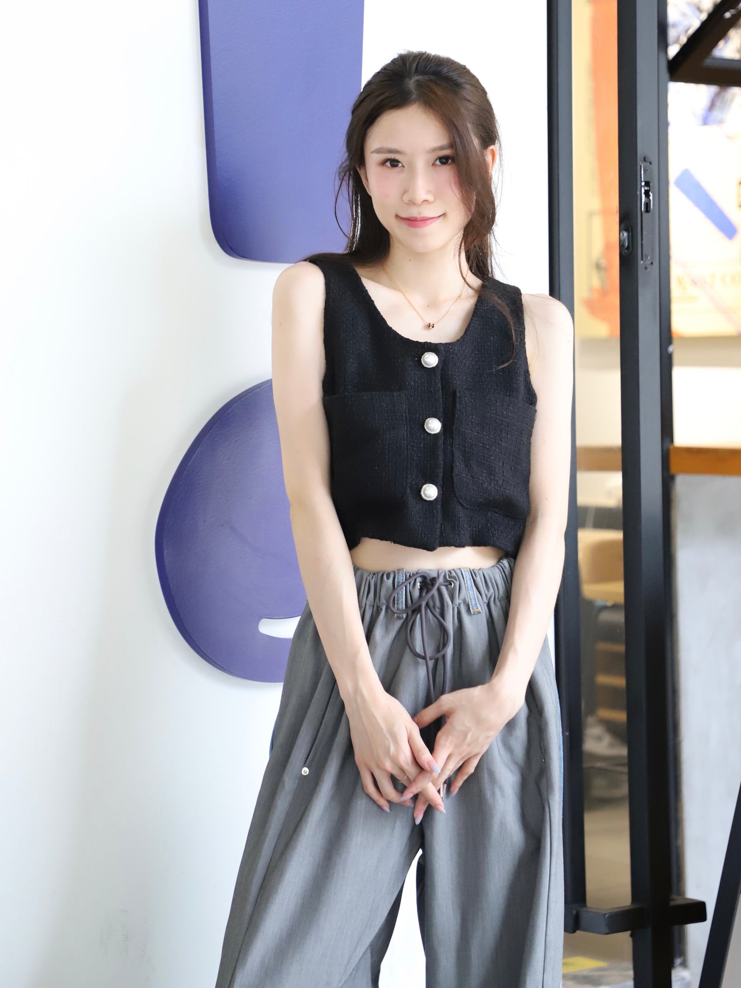 Tweed Pearl Button Tank Top
