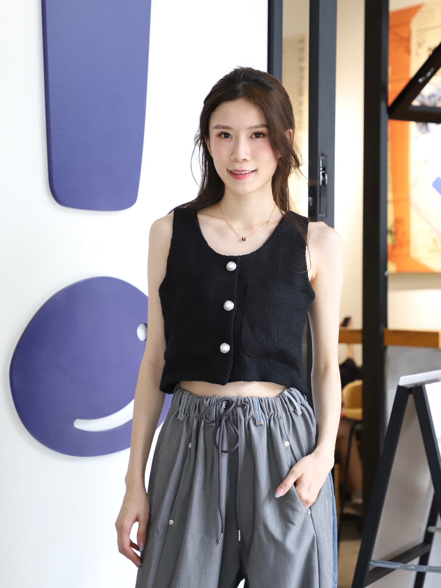 Tweed Pearl Button Tank Top