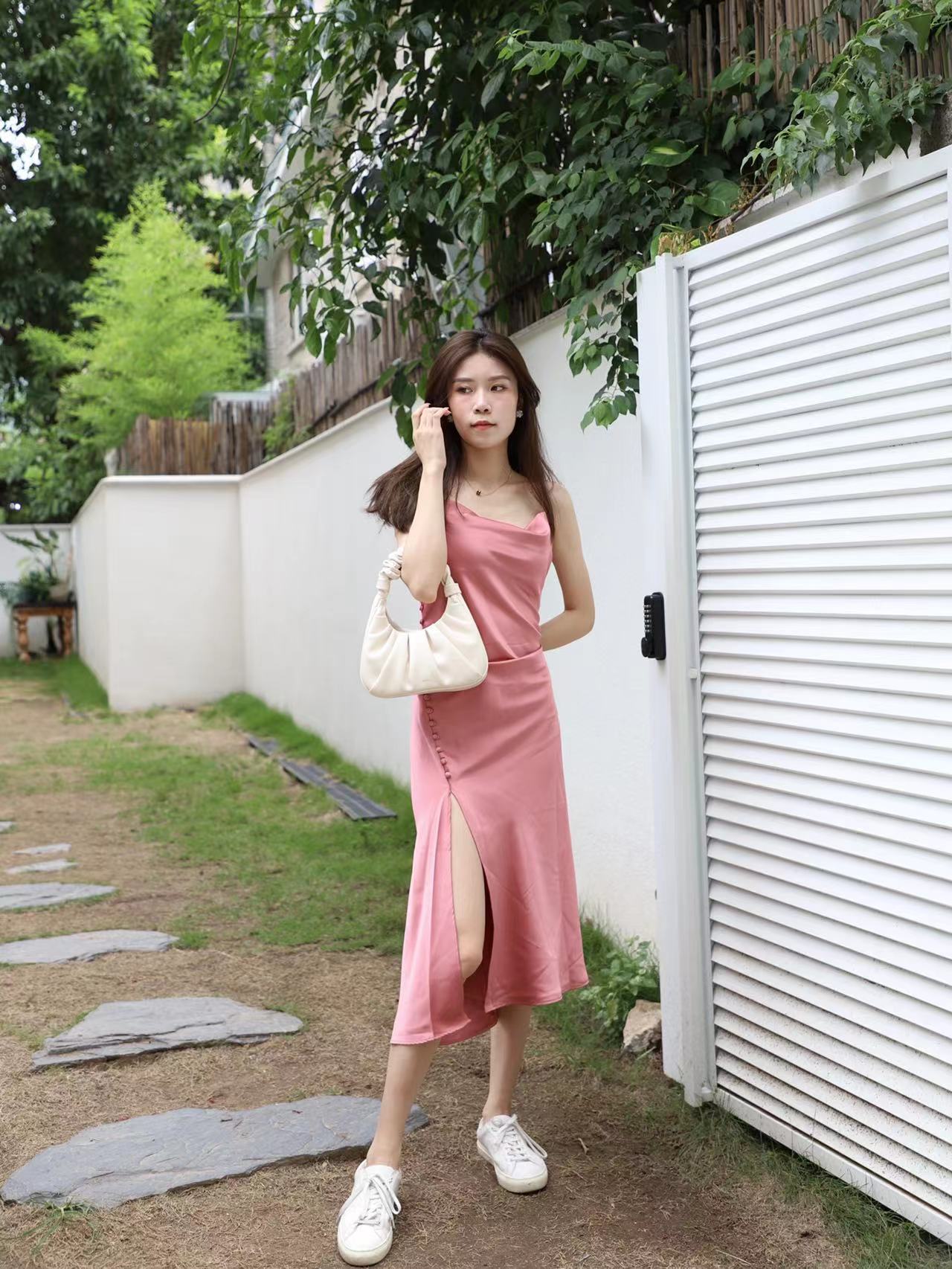 Button on the side Satin Maxi Dress