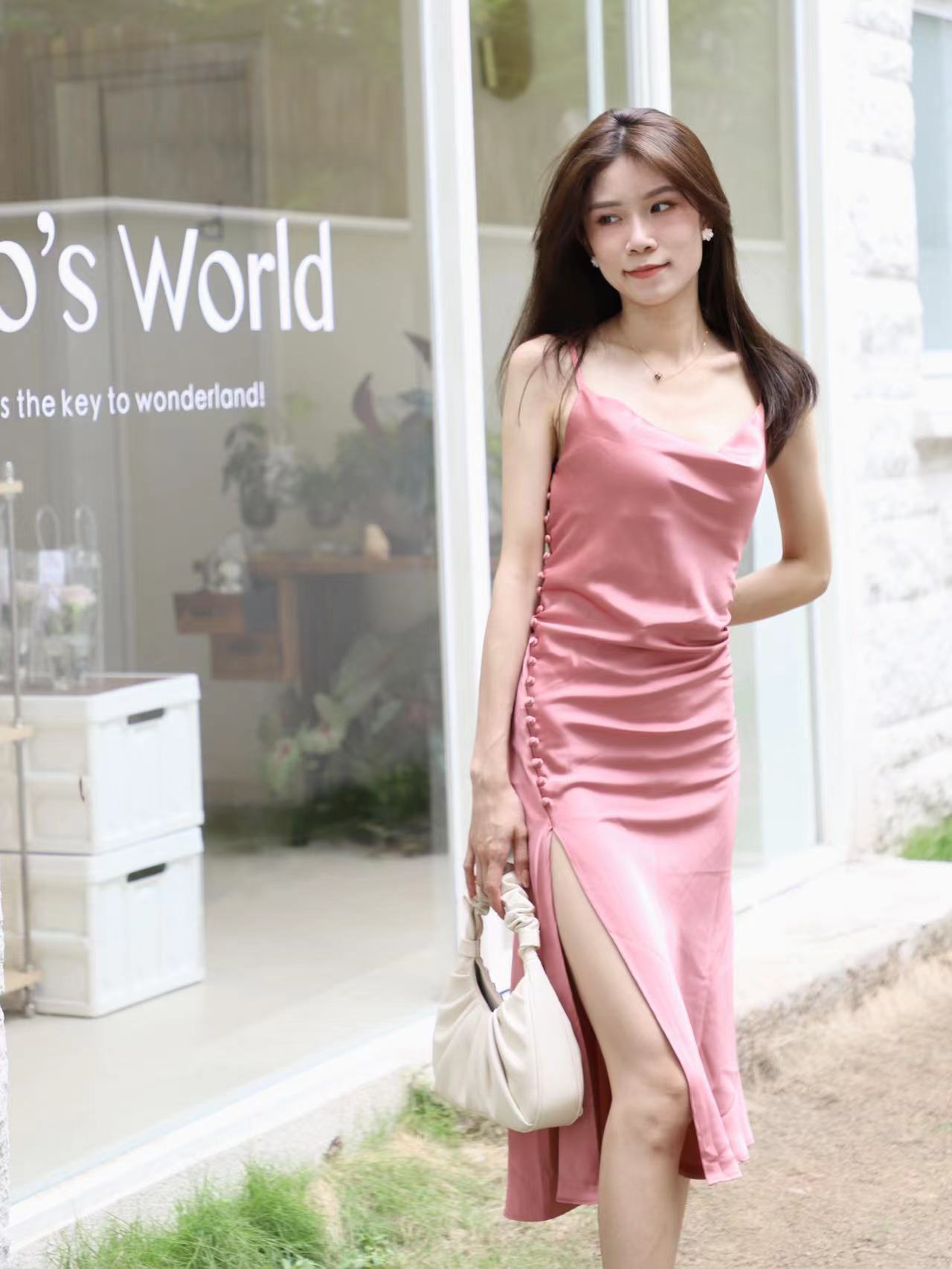 Button on the side Satin Maxi Dress