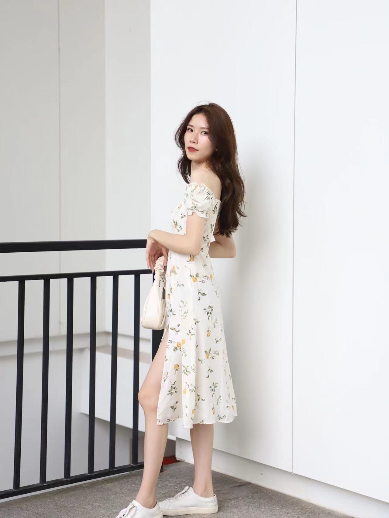 White Lemon Off Shoulder Midi Dress
