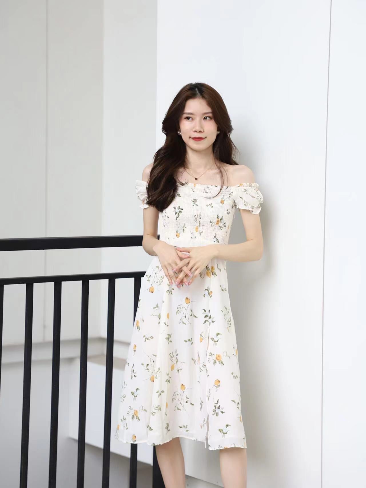 White Lemon Off Shoulder Midi Dress