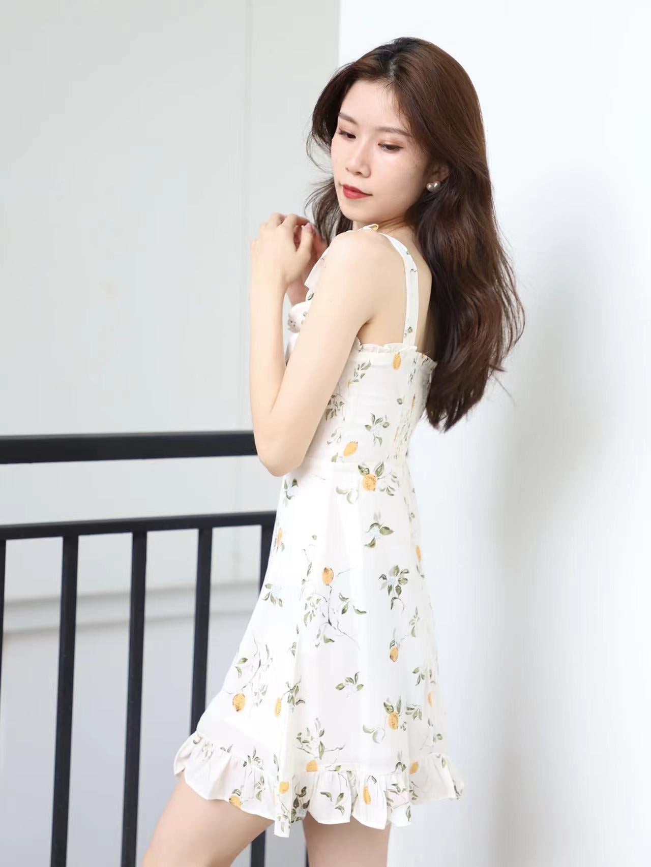 White Lemon Tie Shoulder Floral Mini Dress