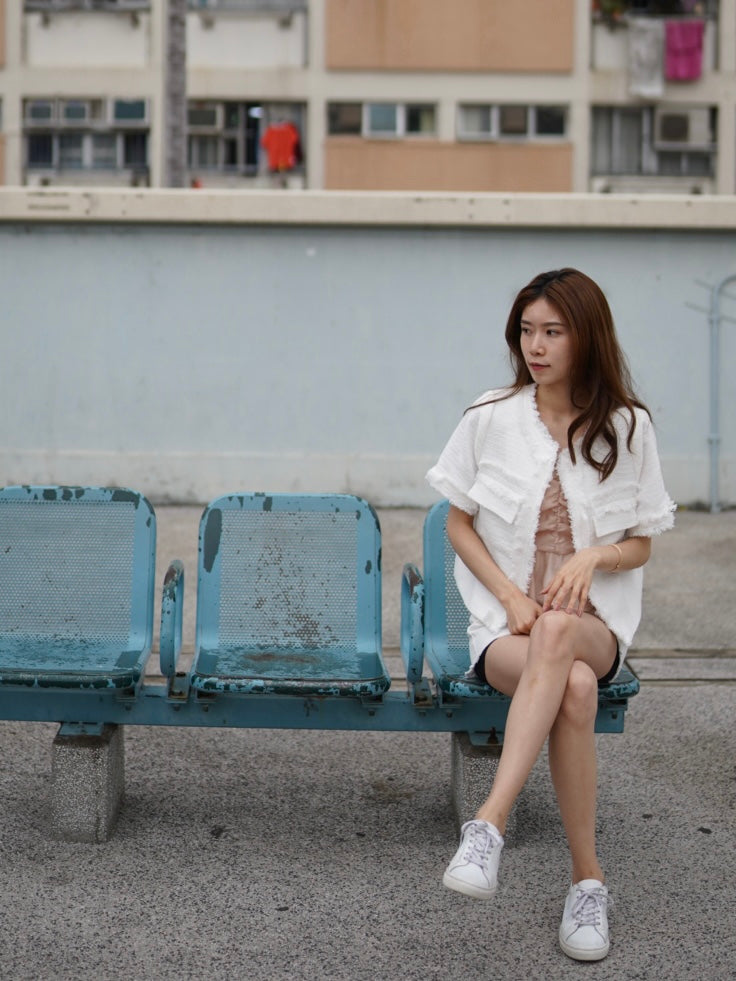 Pure White Tweed Short Sleeves Jacket