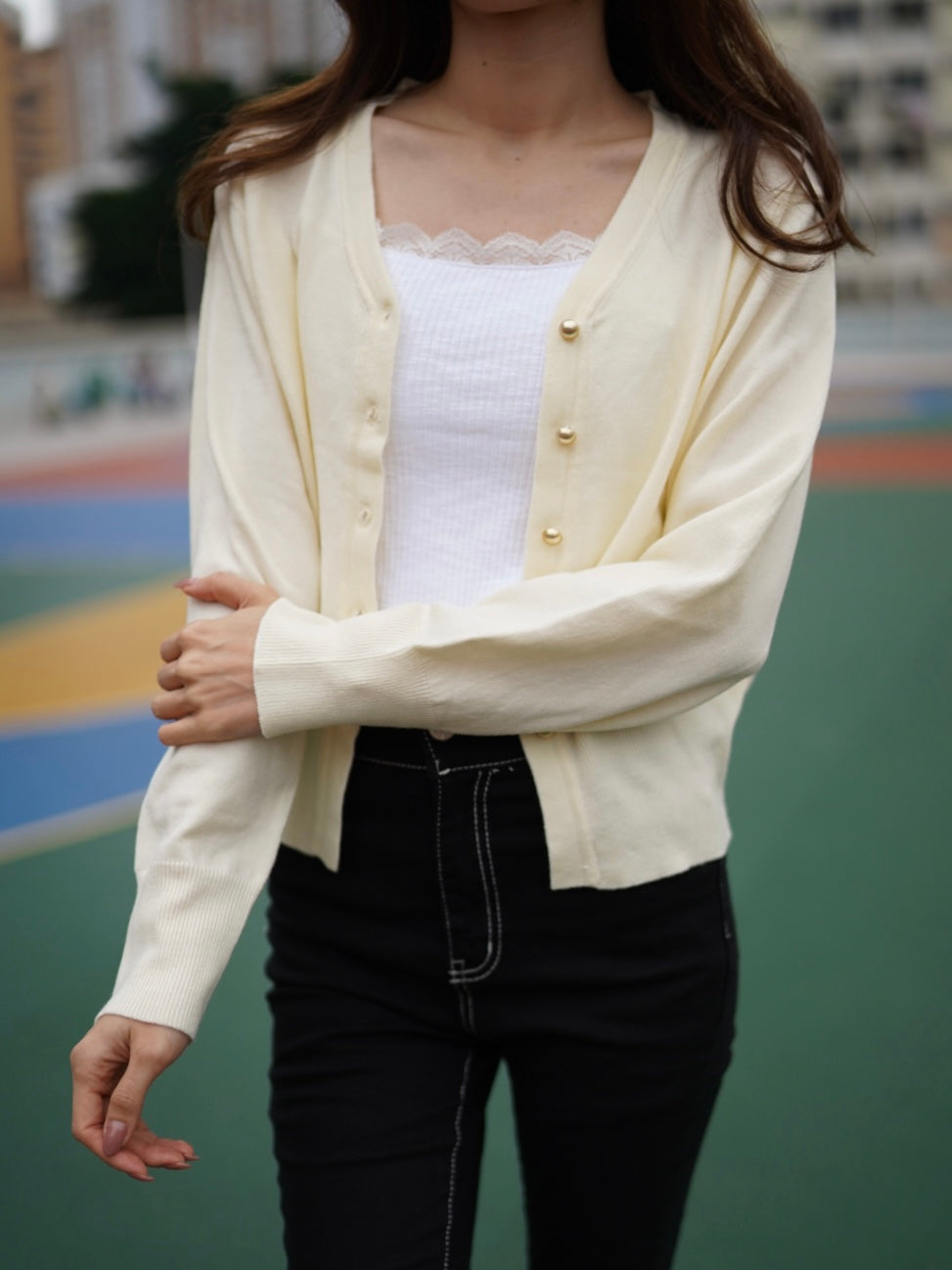Gold Button V neck Cardigan