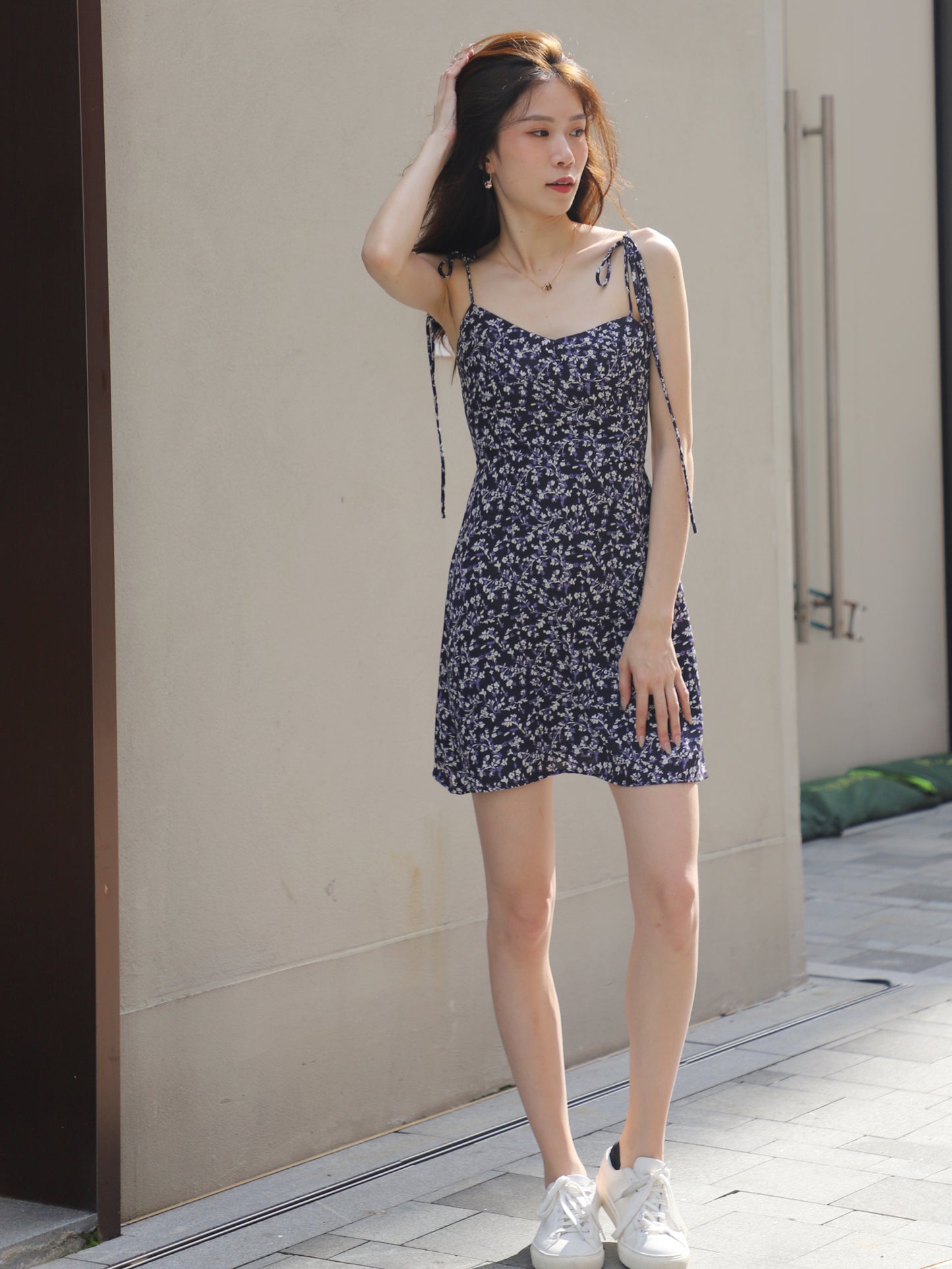 Navy Tie Shoulder Floral Mini Dress