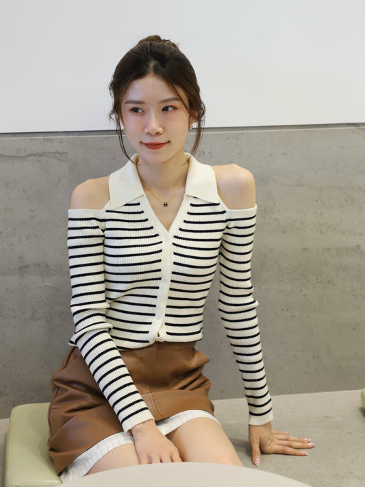 V neck & Collar Striped Long Sleeves Top