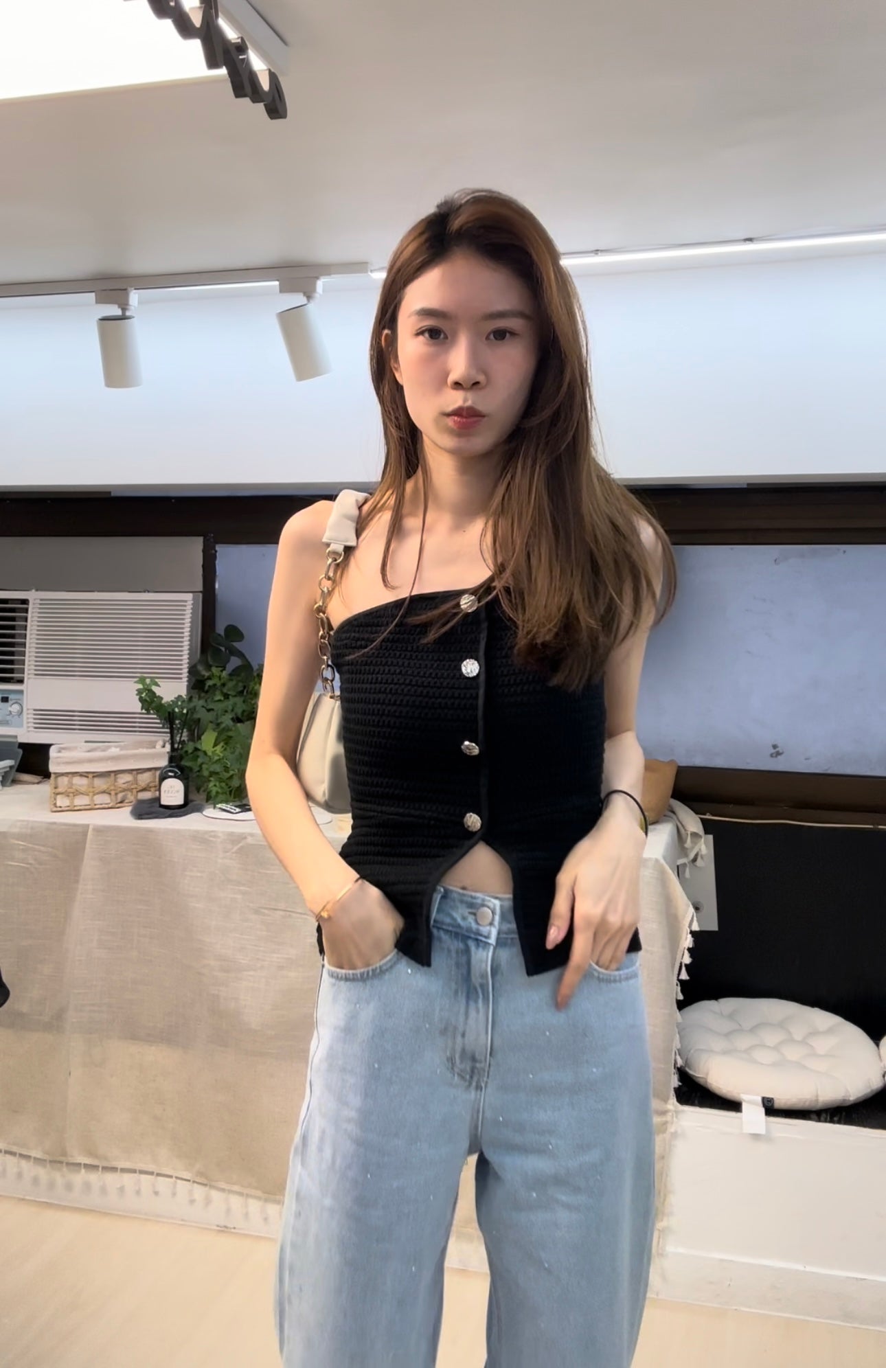 Silver Button Strapless T Top