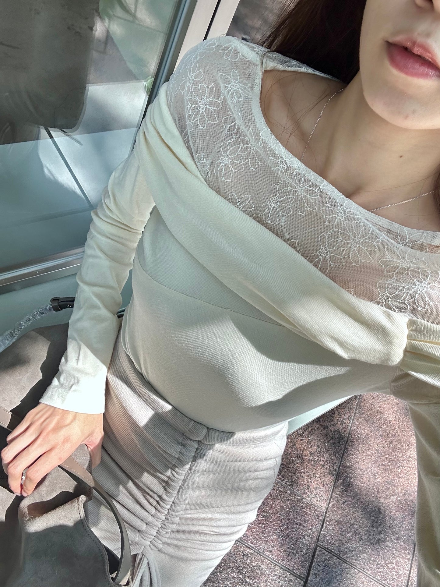 Half Lace Cotton Long Sleeves Top