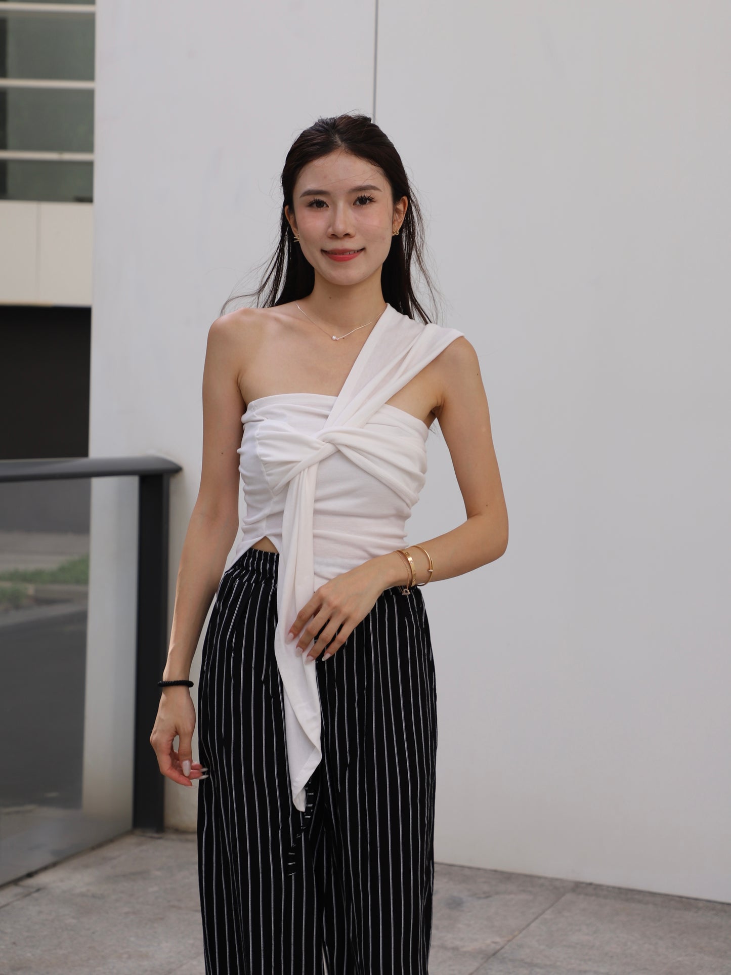 Ribbon Cross Shoulder Cotton T Top
