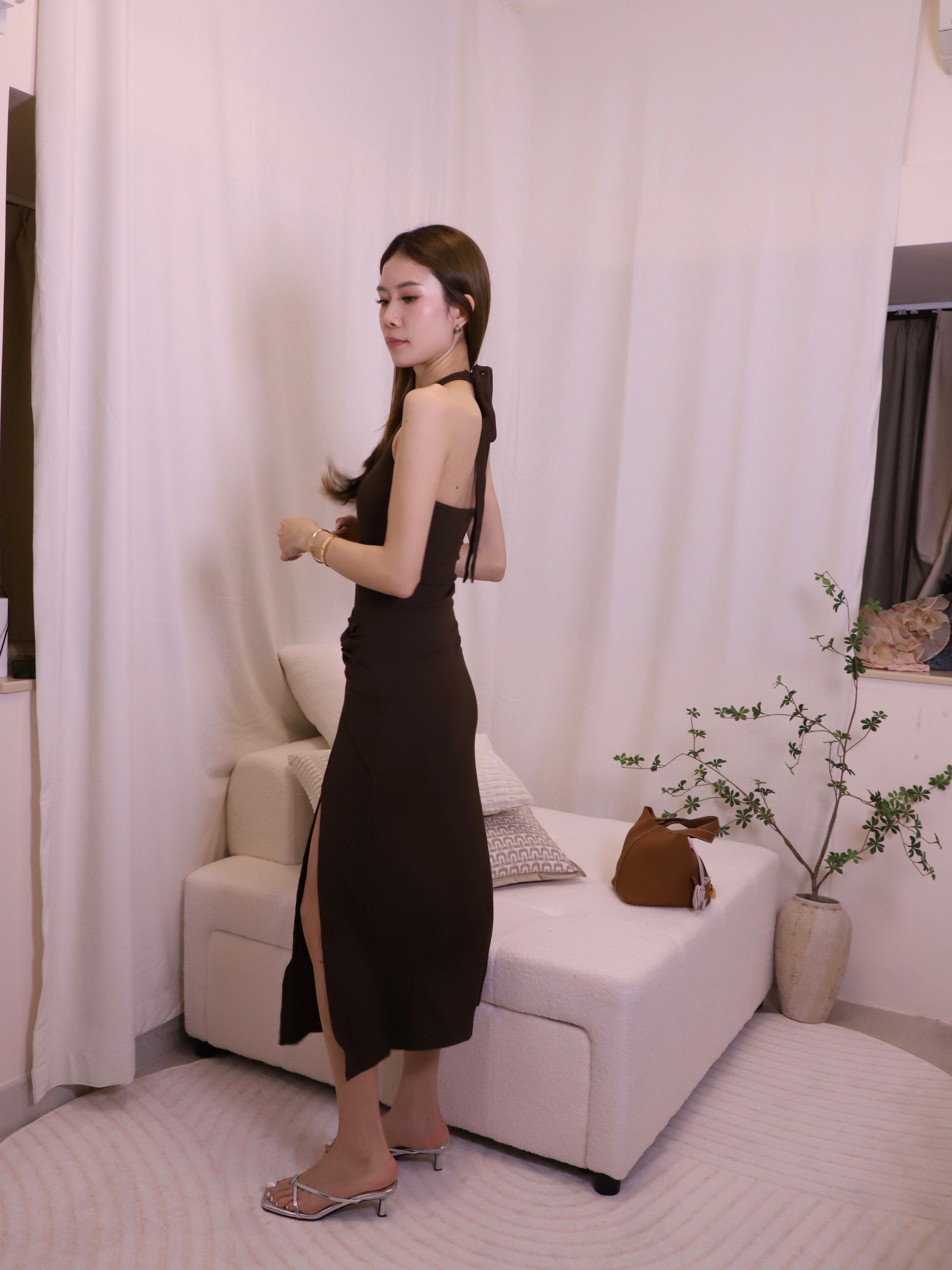 ashchic made Tied Neck Slit Maxi Dress with pads