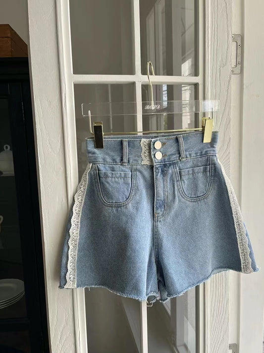 High Waist Lace Denim Shorts