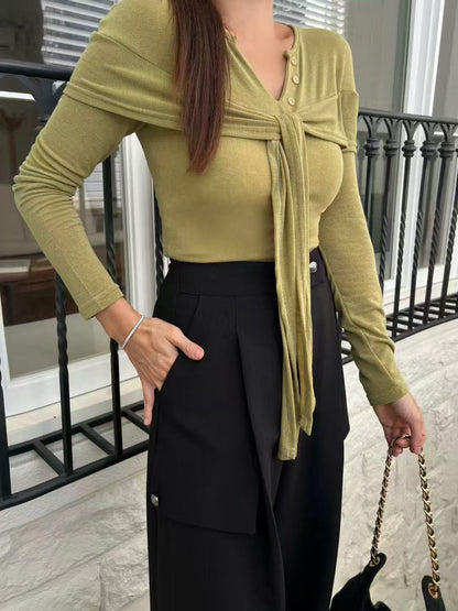 Tied Button Long Sleeves Top