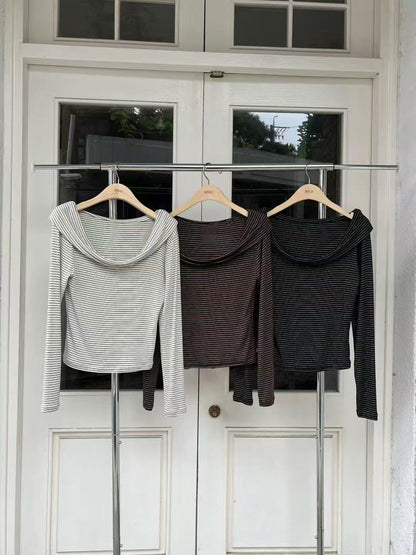 Striped Big Neck Long Sleeves Top