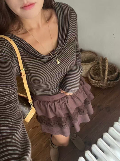 Striped Big Neck Long Sleeves Top