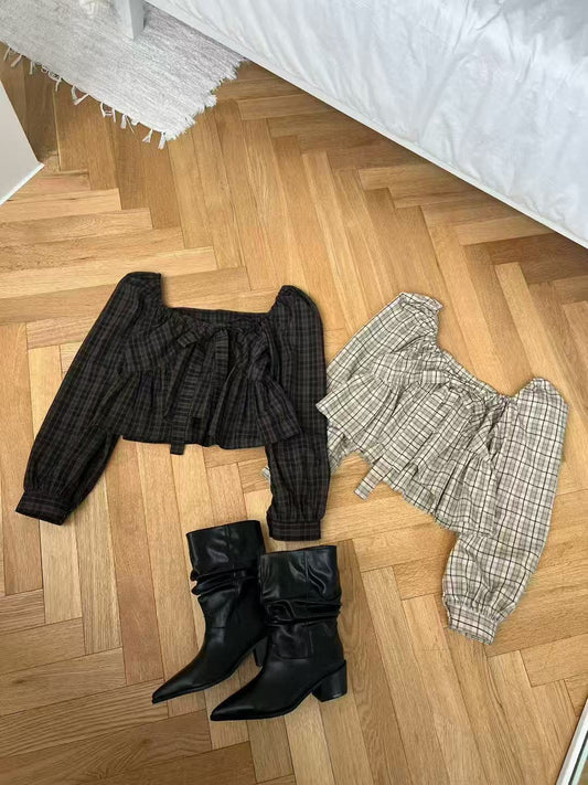 Checked Chiffon Long Sleeves Top