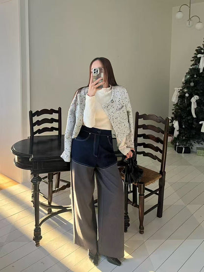 Half Cut Denim Mix Chiffon Pants