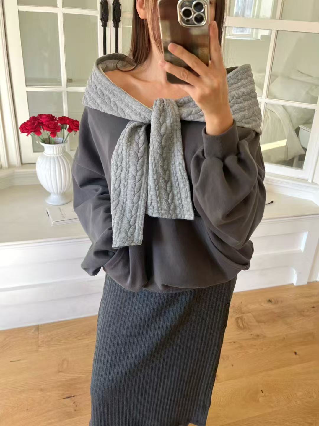 Knitted Off Shoulder Hoodie