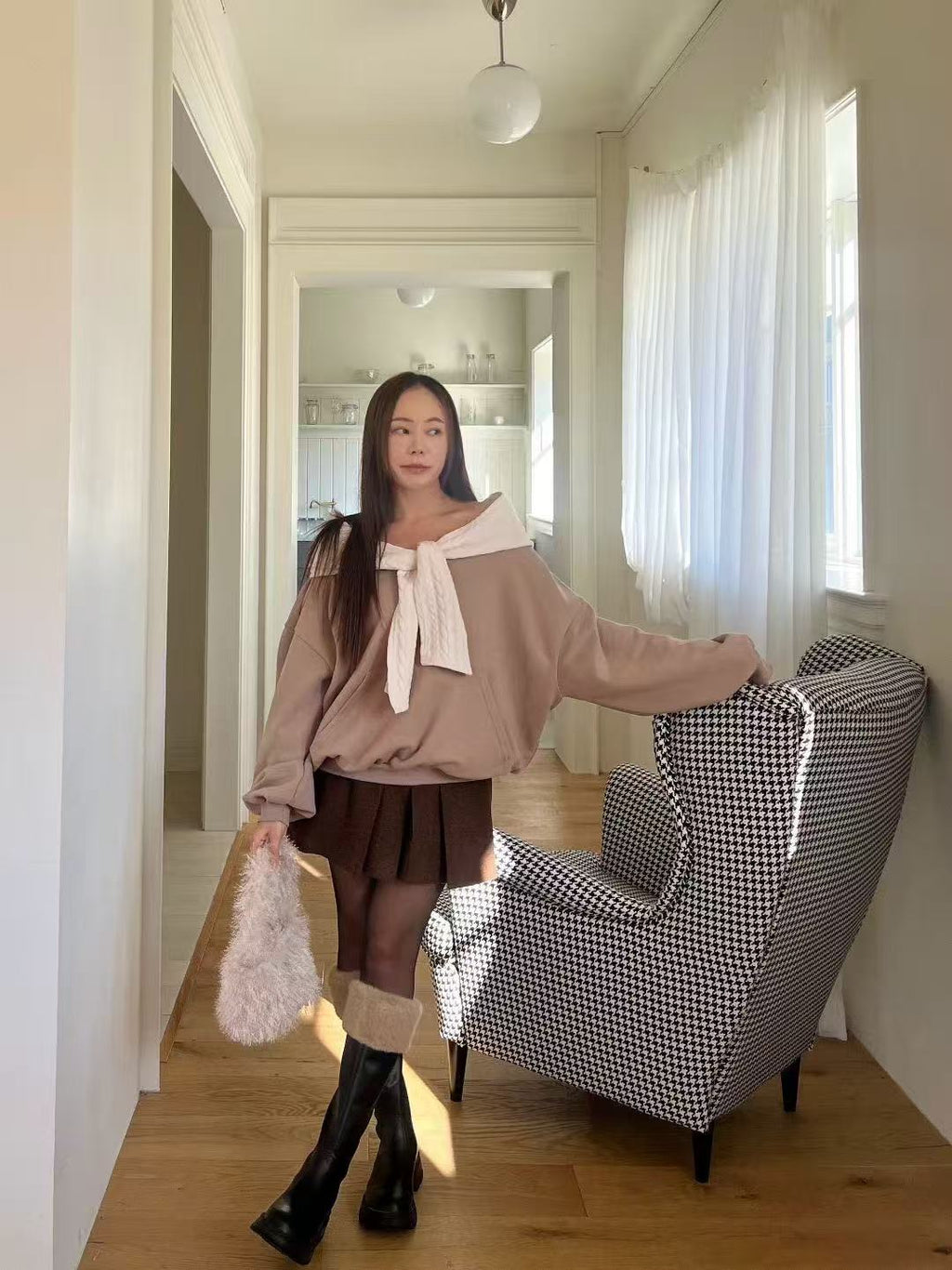 Knitted Off Shoulder Hoodie