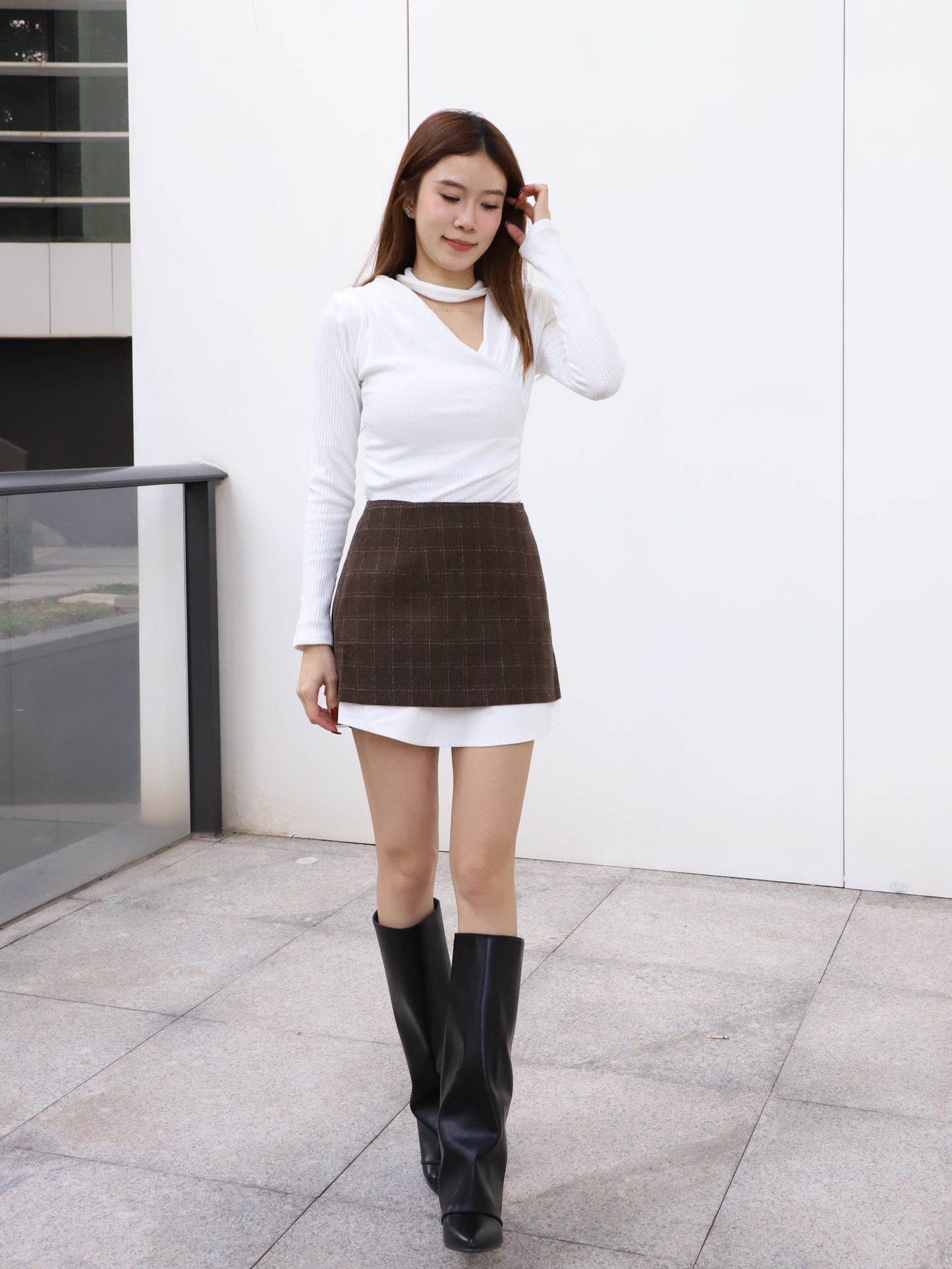 Wool Checked White Layered Skirt