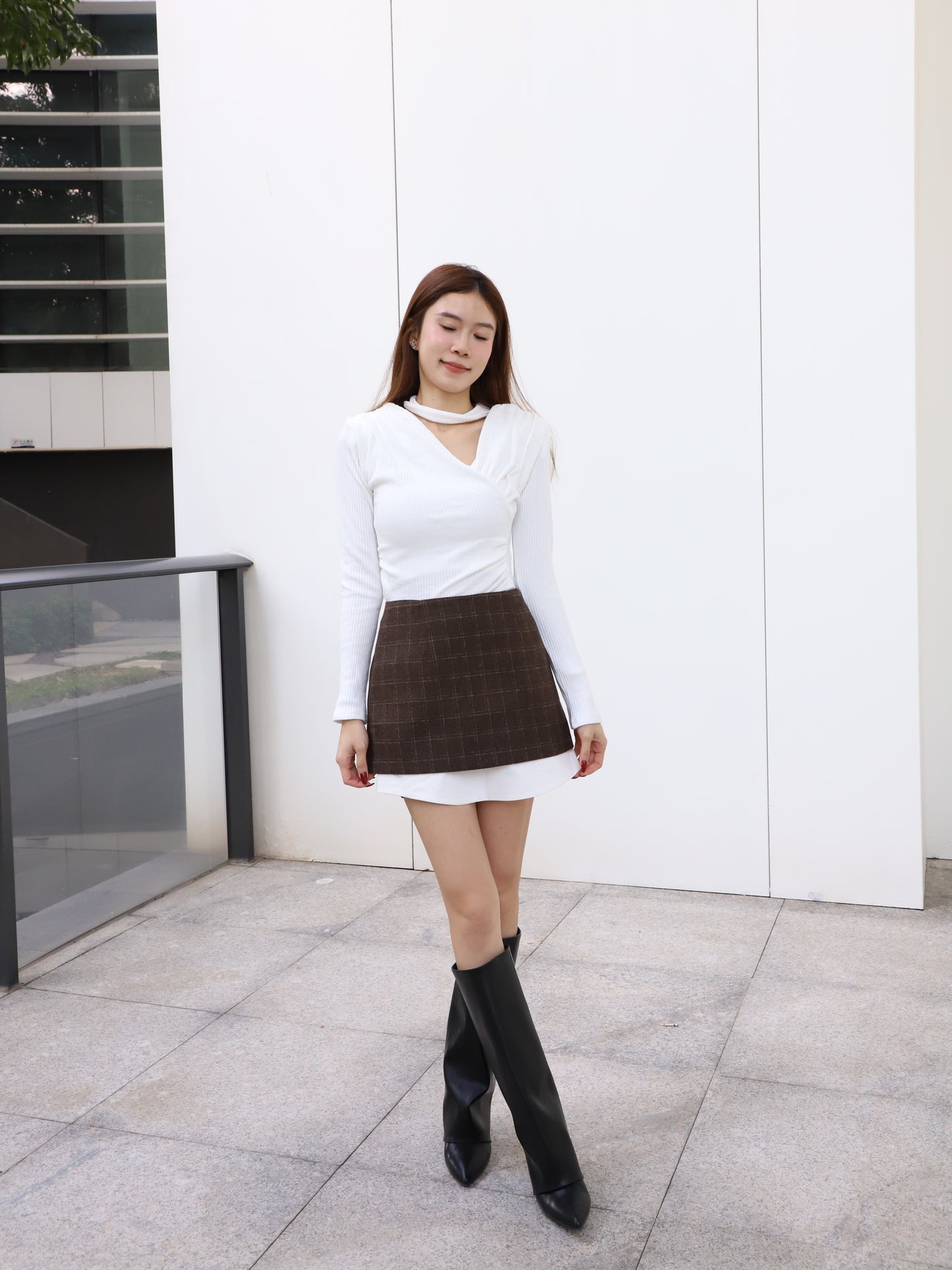 Wool Checked White Layered Skirt