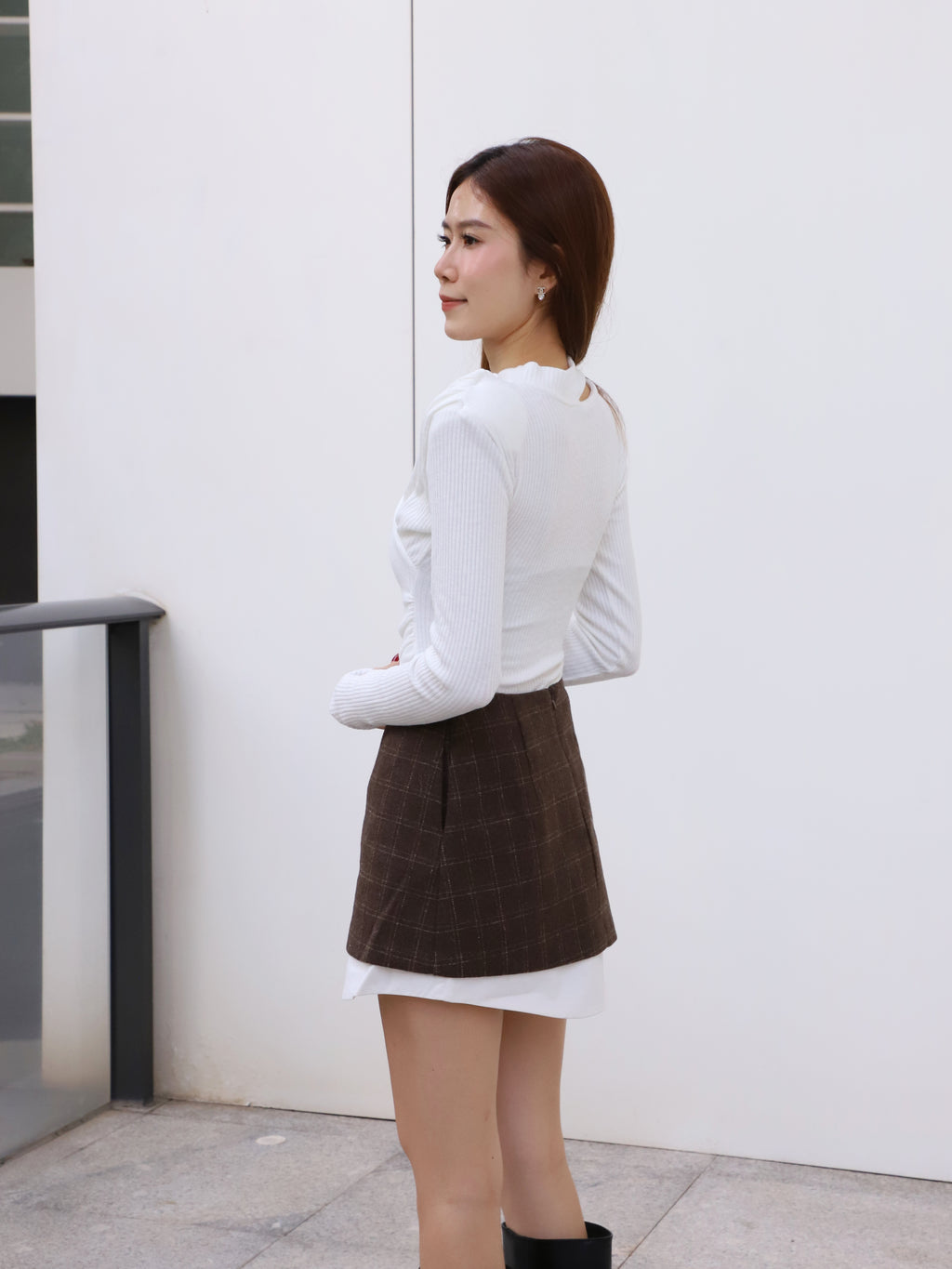 Wool Checked White Layered Skirt