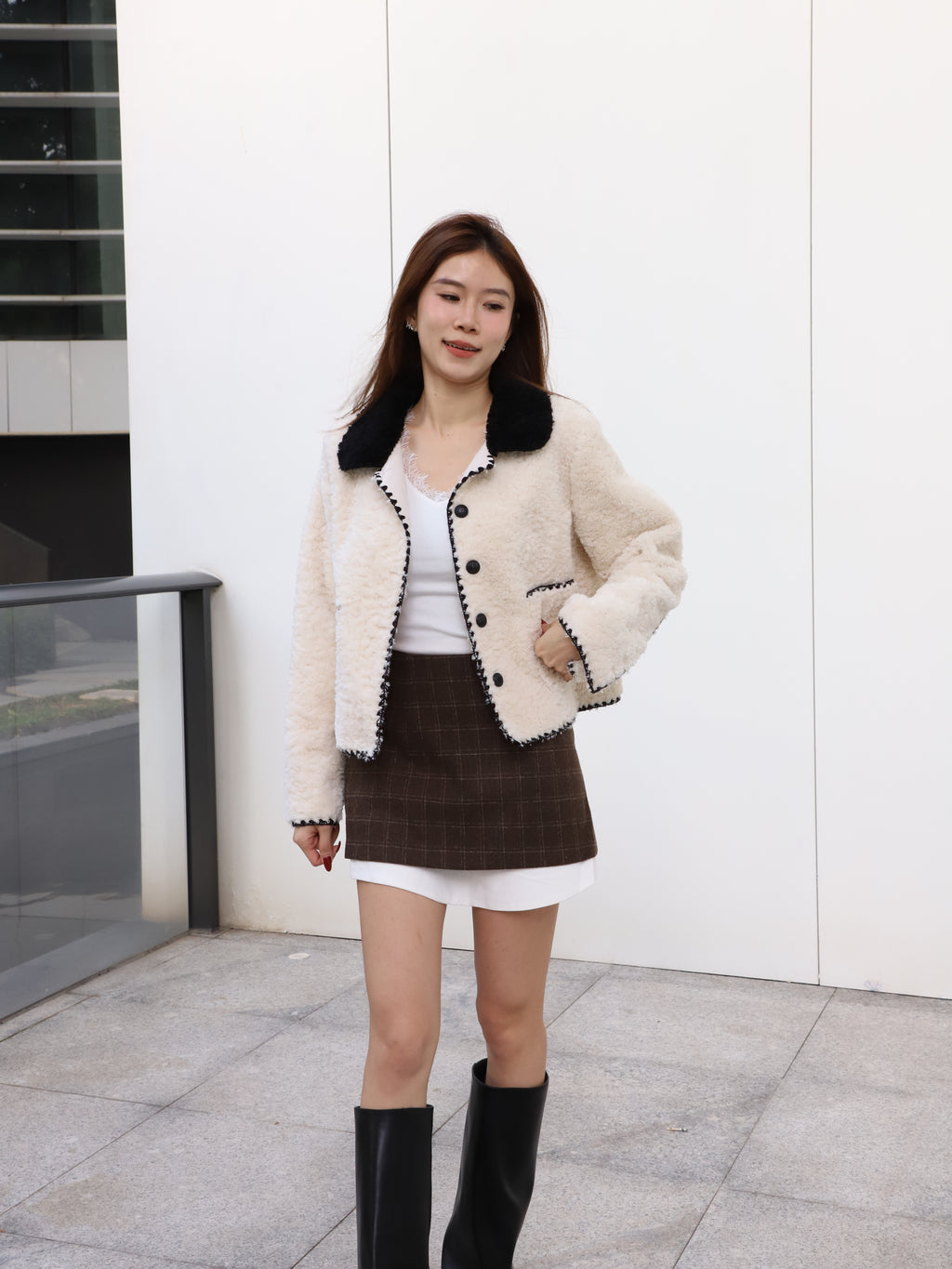 Wool Checked White Layered Skirt