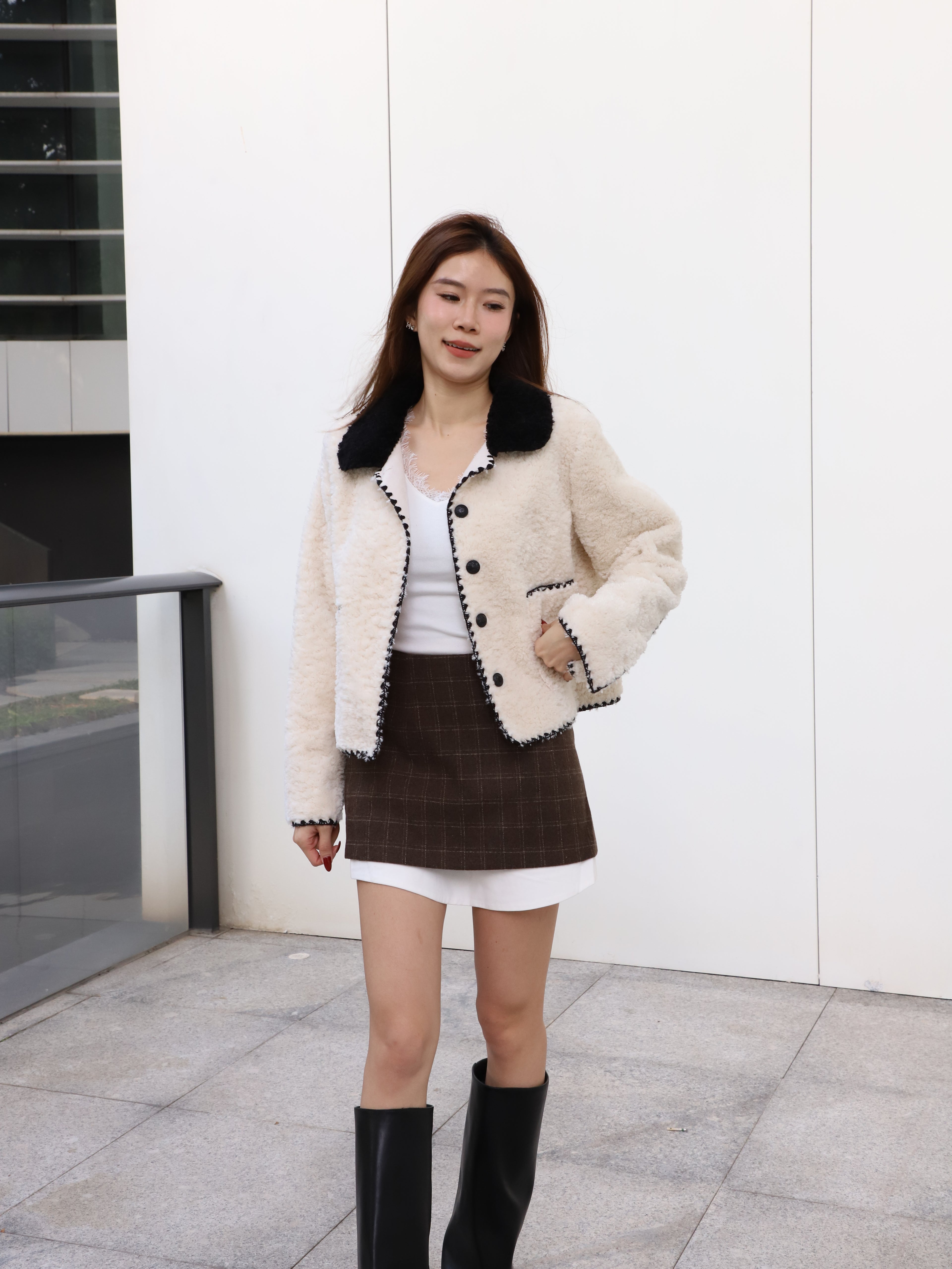 Wool Checked White Layered Skirt