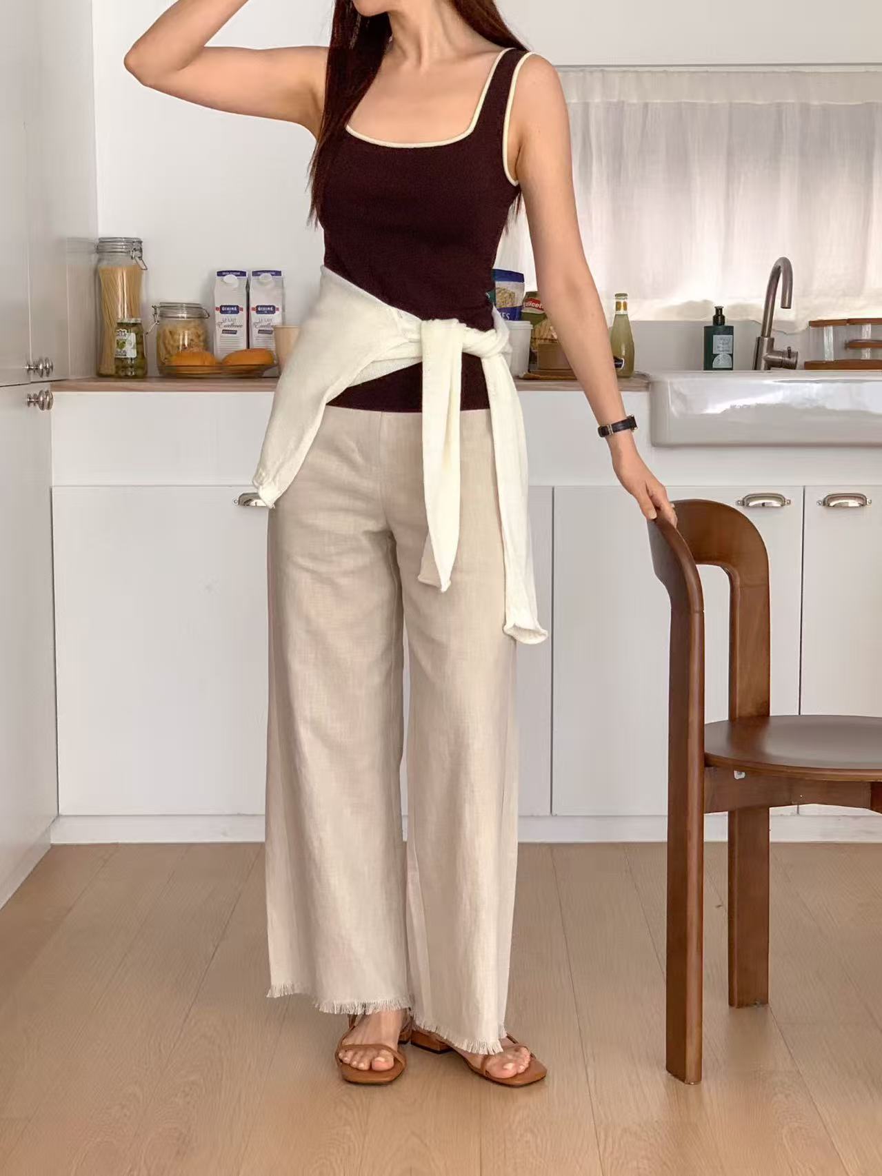Linen Ruffles Straight Pants