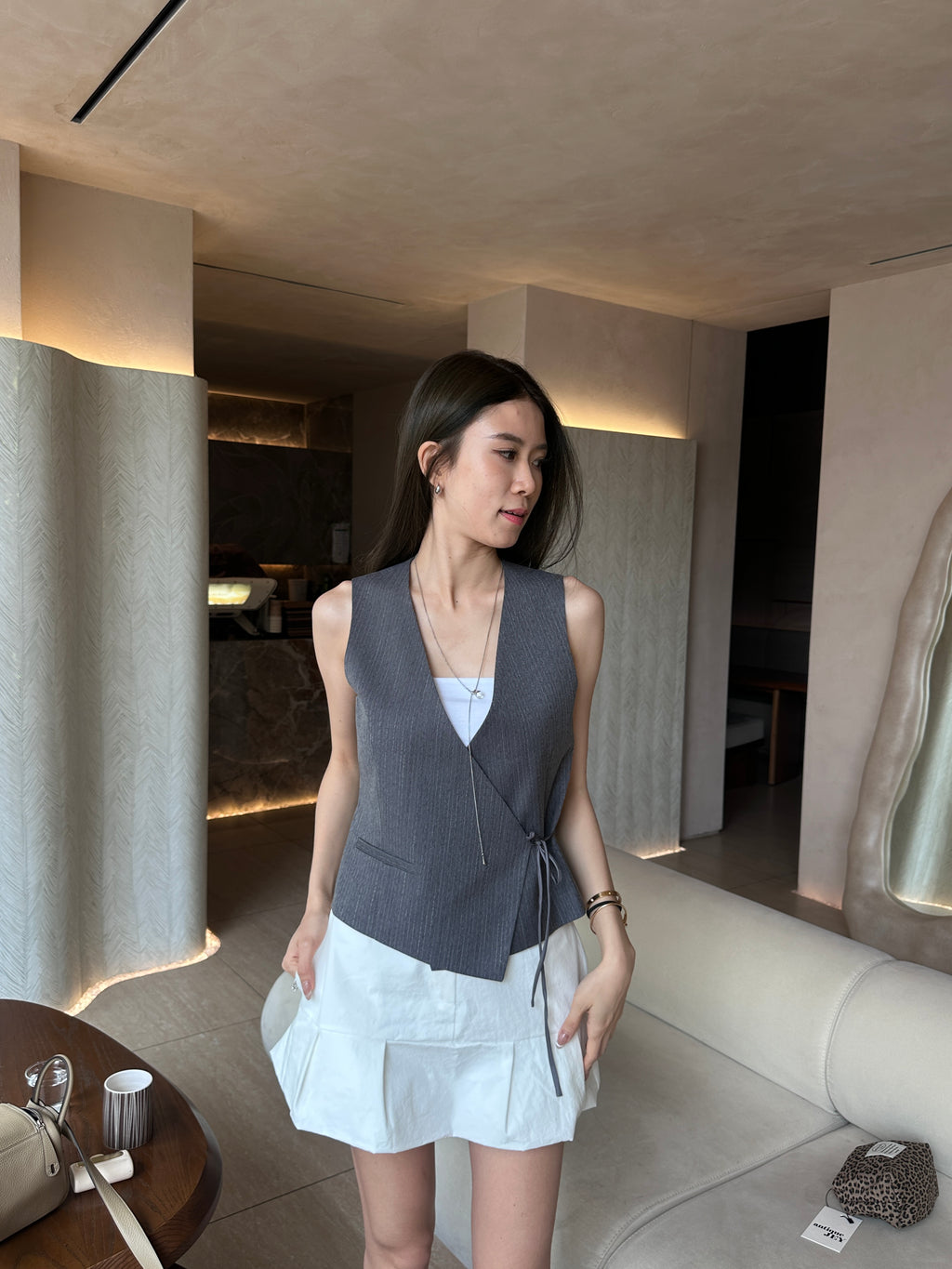 Grey Striped Tied On Side Vest